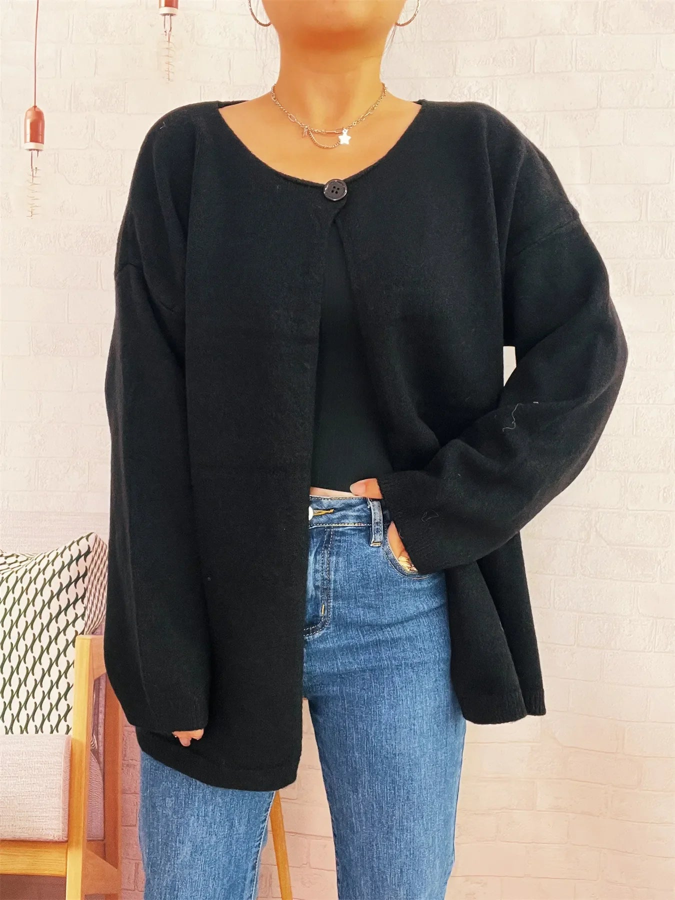 One Button Front Drop Shoulder Cardigan
