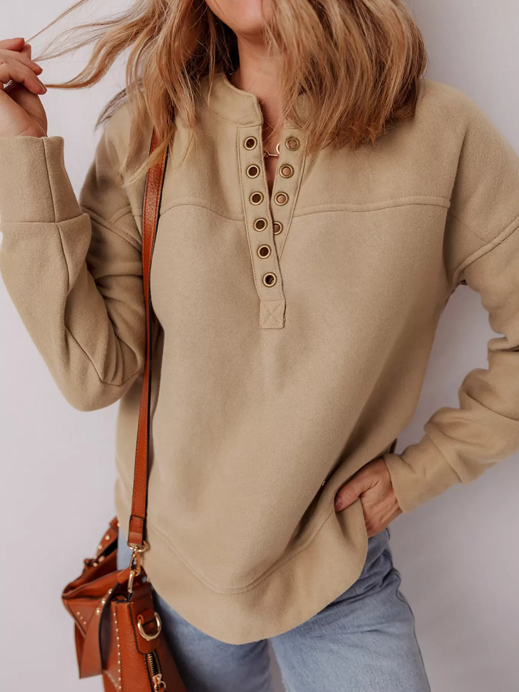 Grommet Detail V Neck Sweatshirt