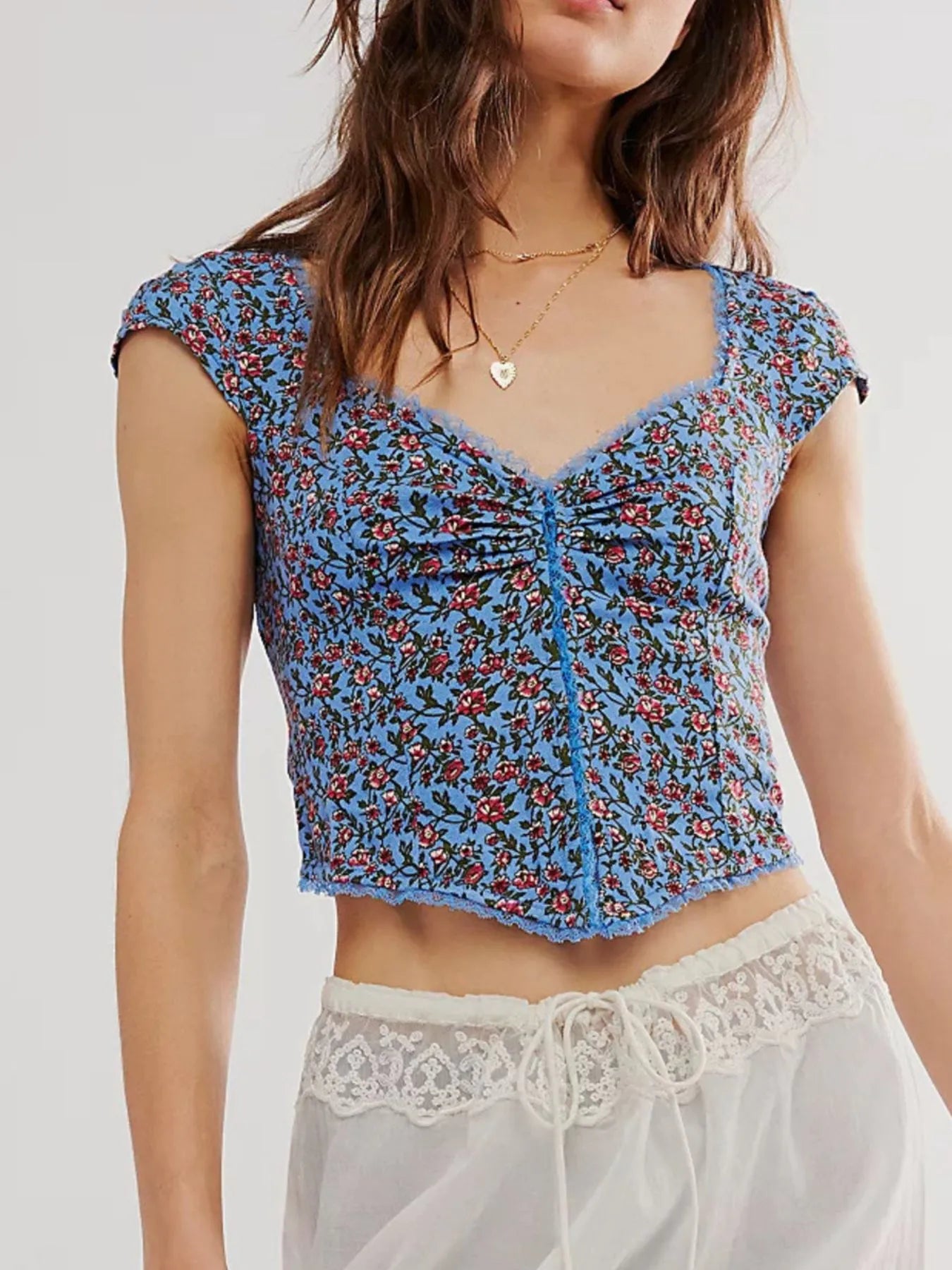 Floral Print Cap Sleeve Cropped Top