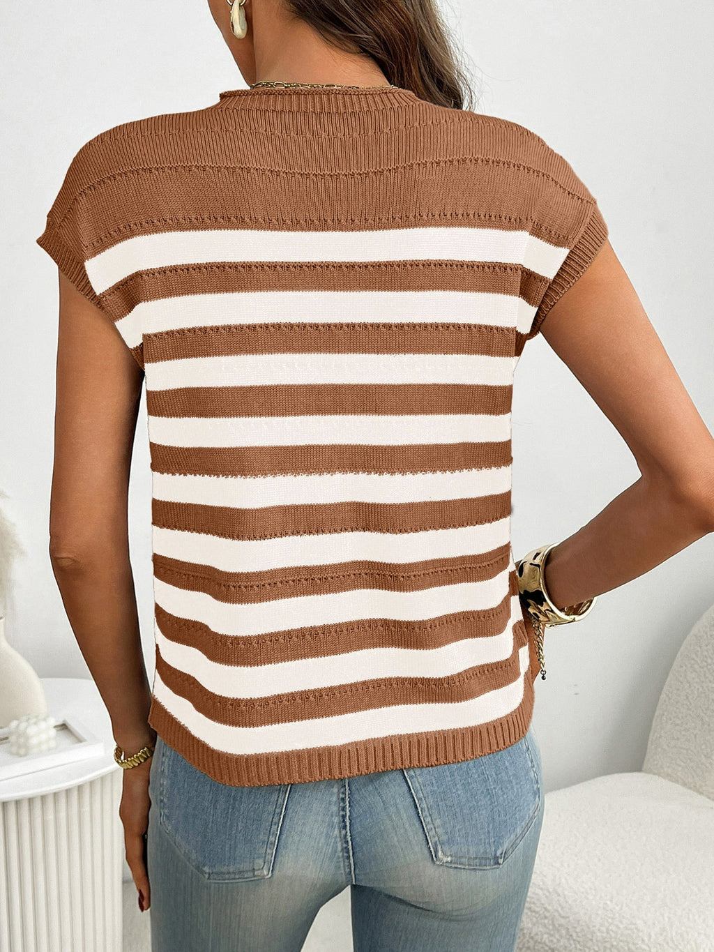 Striped Knit Pocket Detail Cap Sleeve Sweater