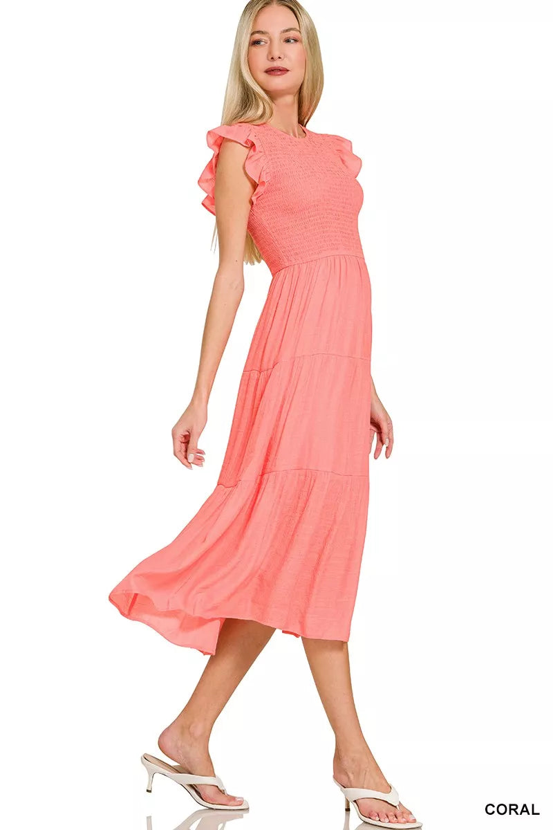 Zenana Woven Smocked Ruffle Sleeve Midi Dress