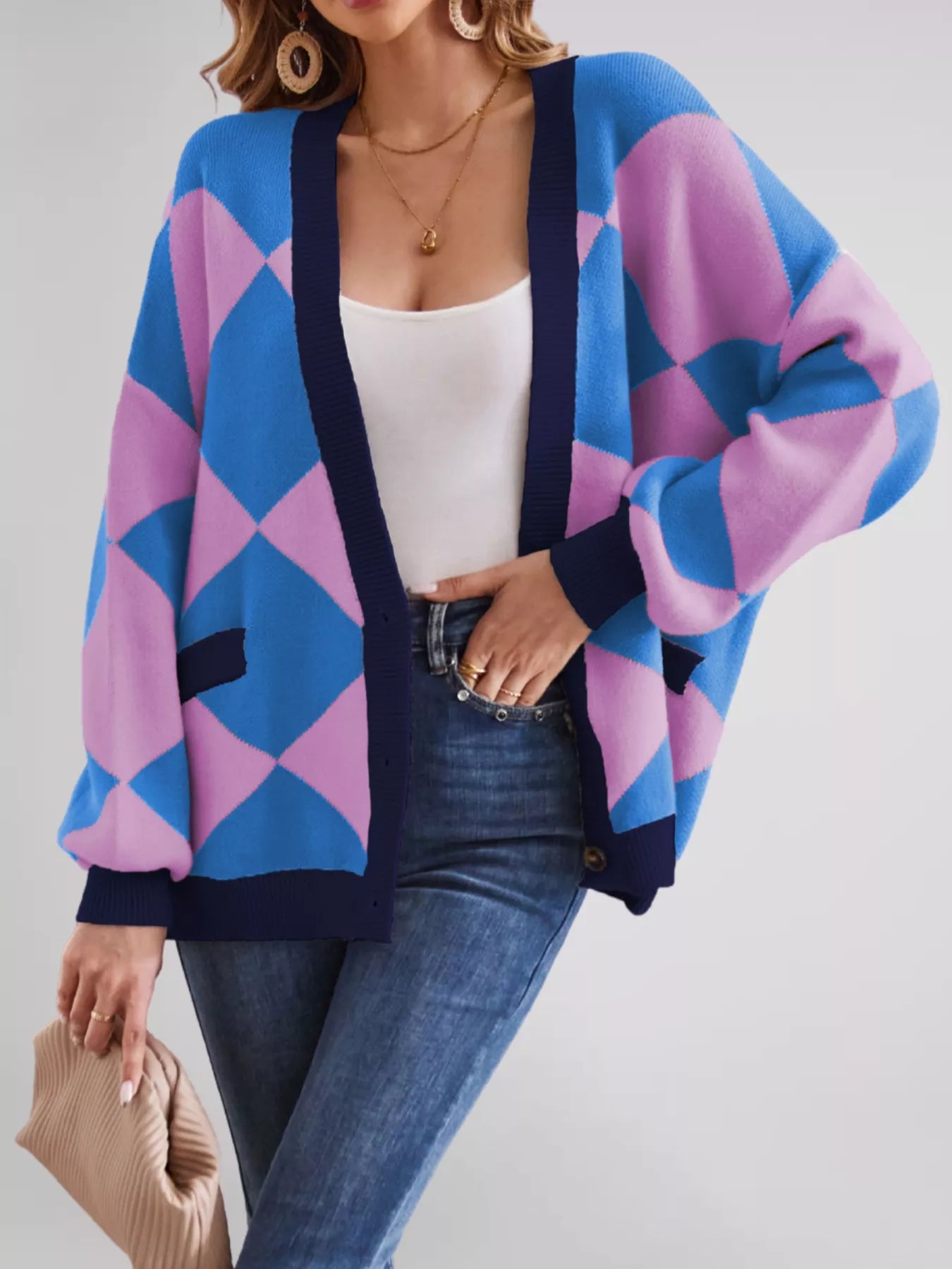 Diamond Pattern Button-Up Knit Cardigan