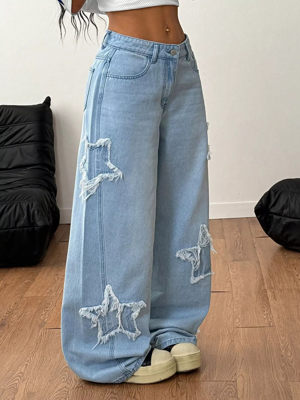 Distressed Star Patch Wide-Leg Jeans