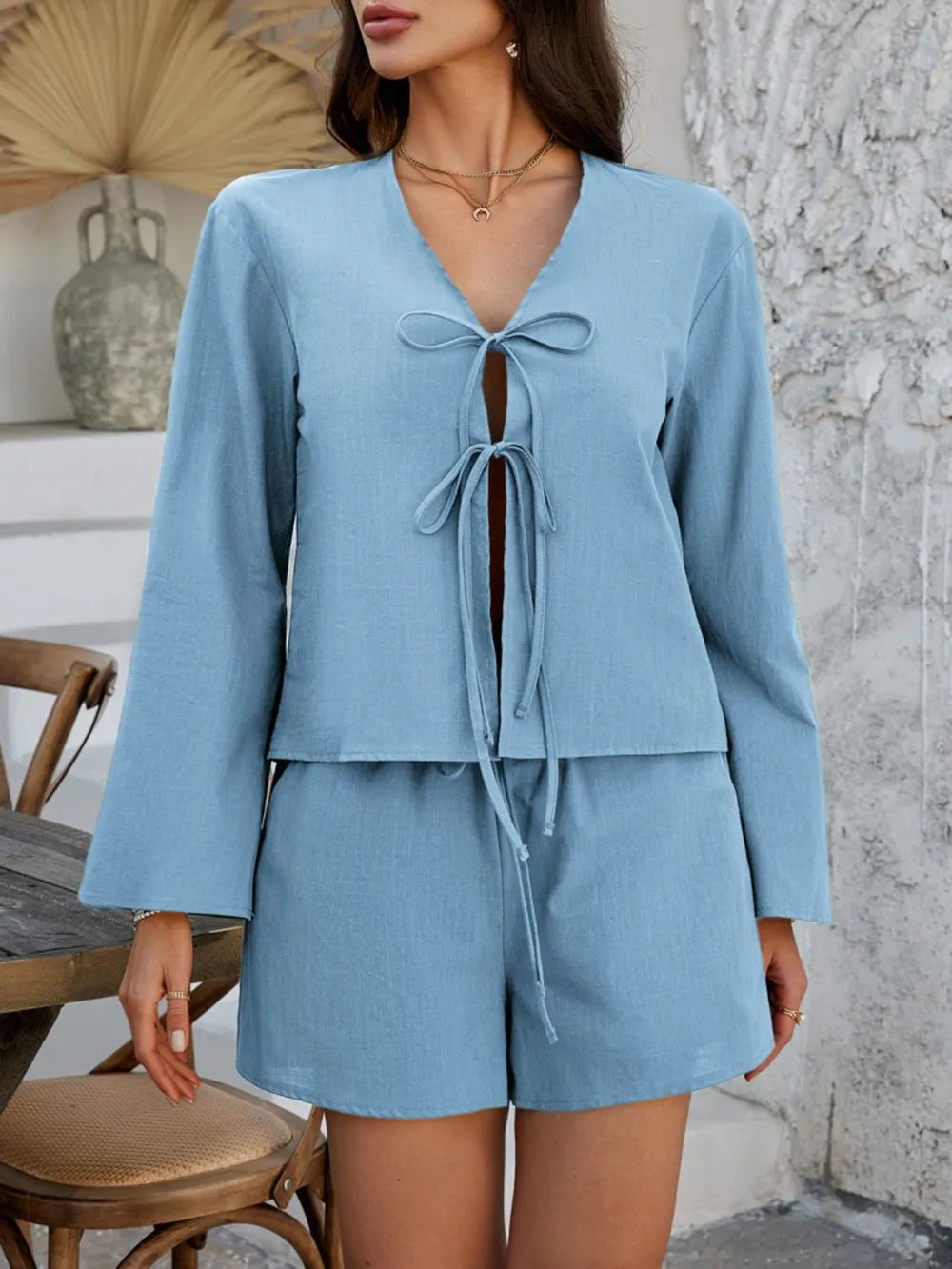 Devine Double Tied V-Neck Top and Shorts Set