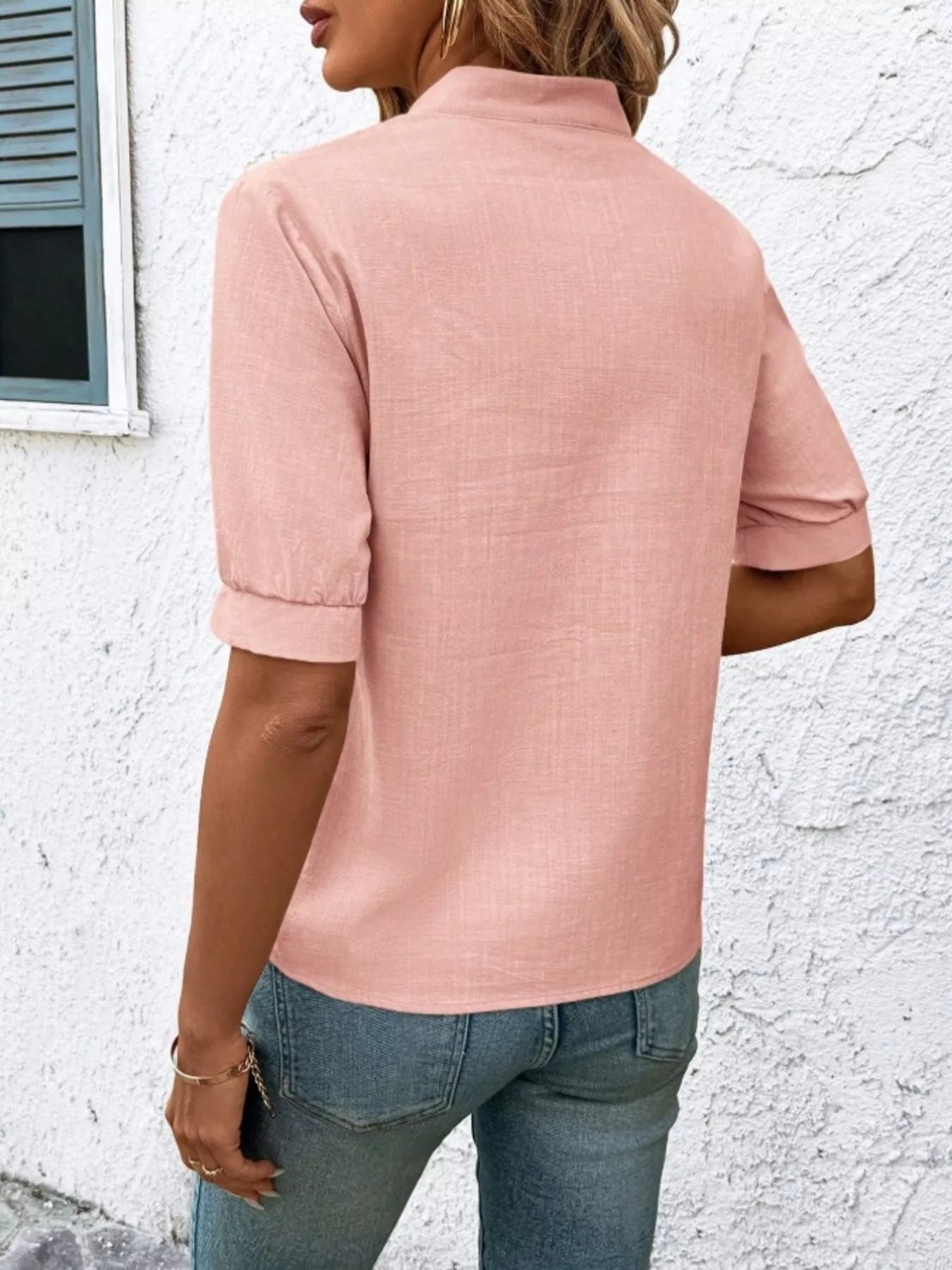 Embroidered Notched Short Sleeve Blouse