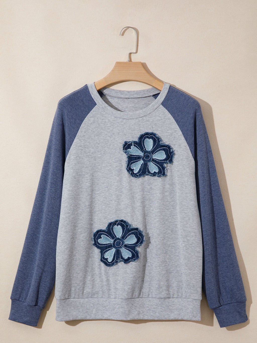 Color Block Flower Embroidered Patch Graphic Raglan Long Sleeve Top