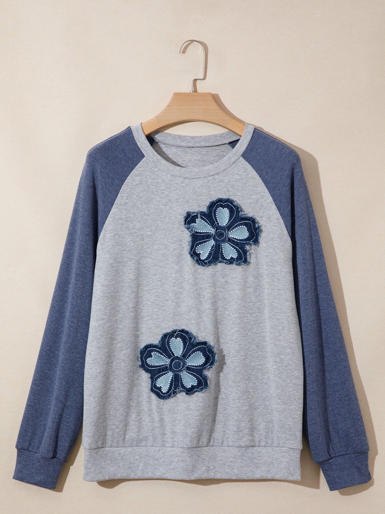 Color Block Flower Embroidered Patch Graphic Raglan Long Sleeve Top