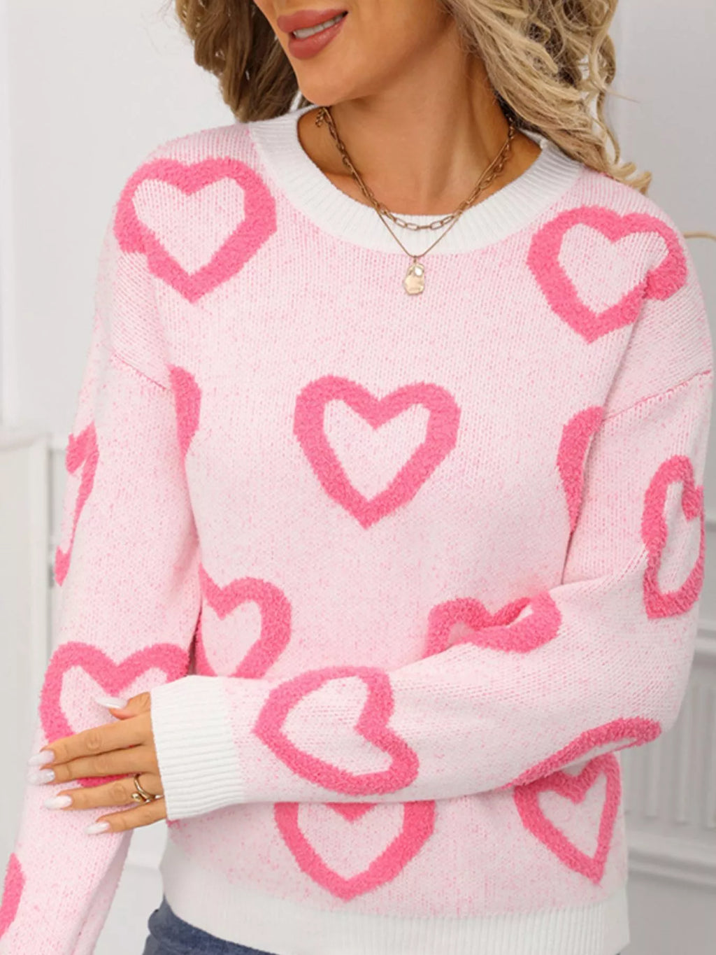 Valentine's Day Heart Pattern Round Neck Sweater