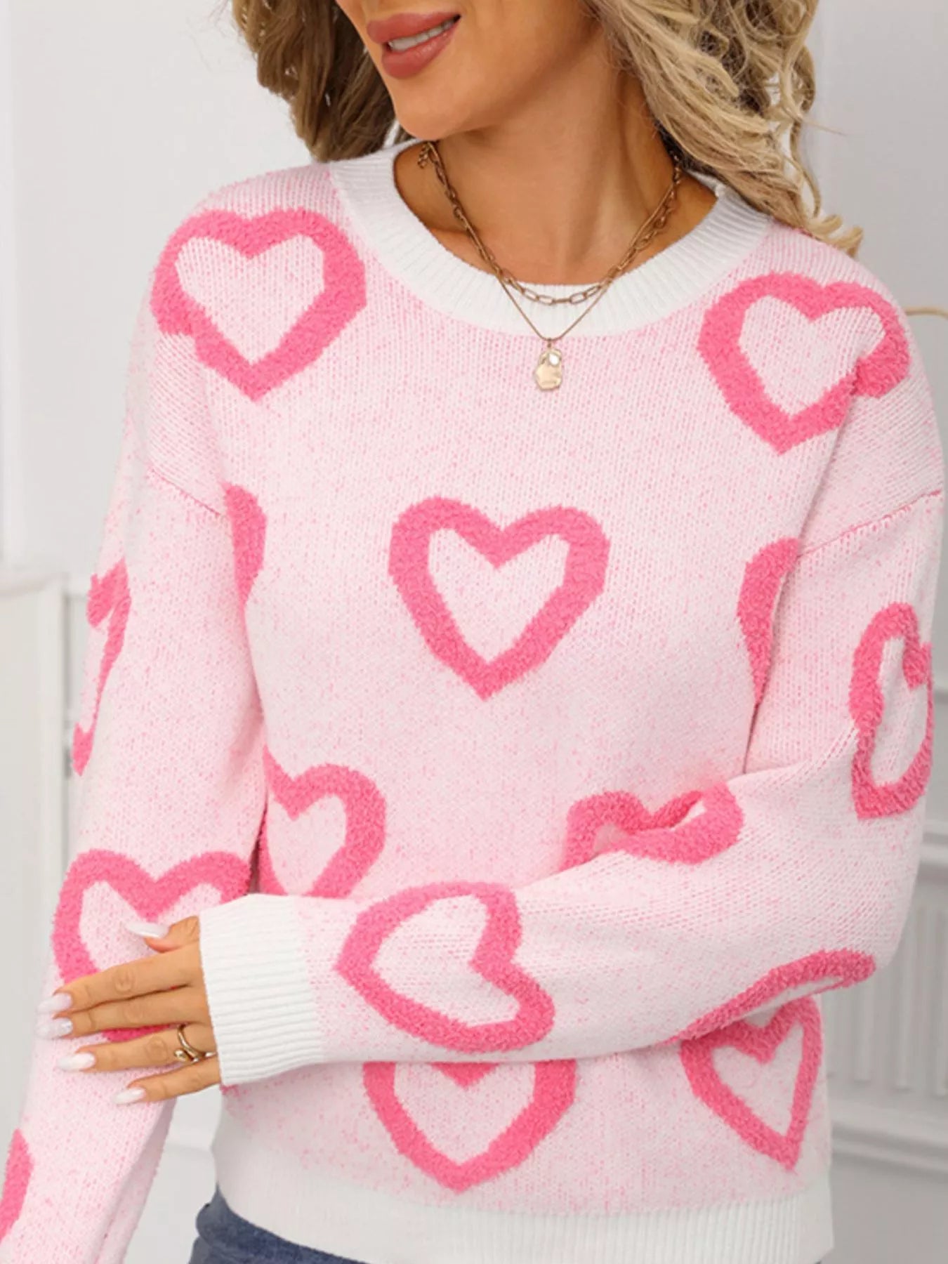 Valentine's Day Heart Pattern Round Neck Sweater