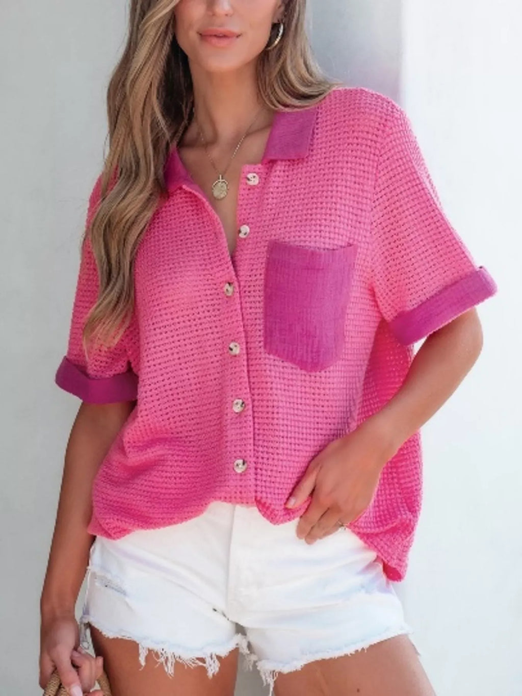 Gauze Waffle Button Down Short Sleeve Shirt
