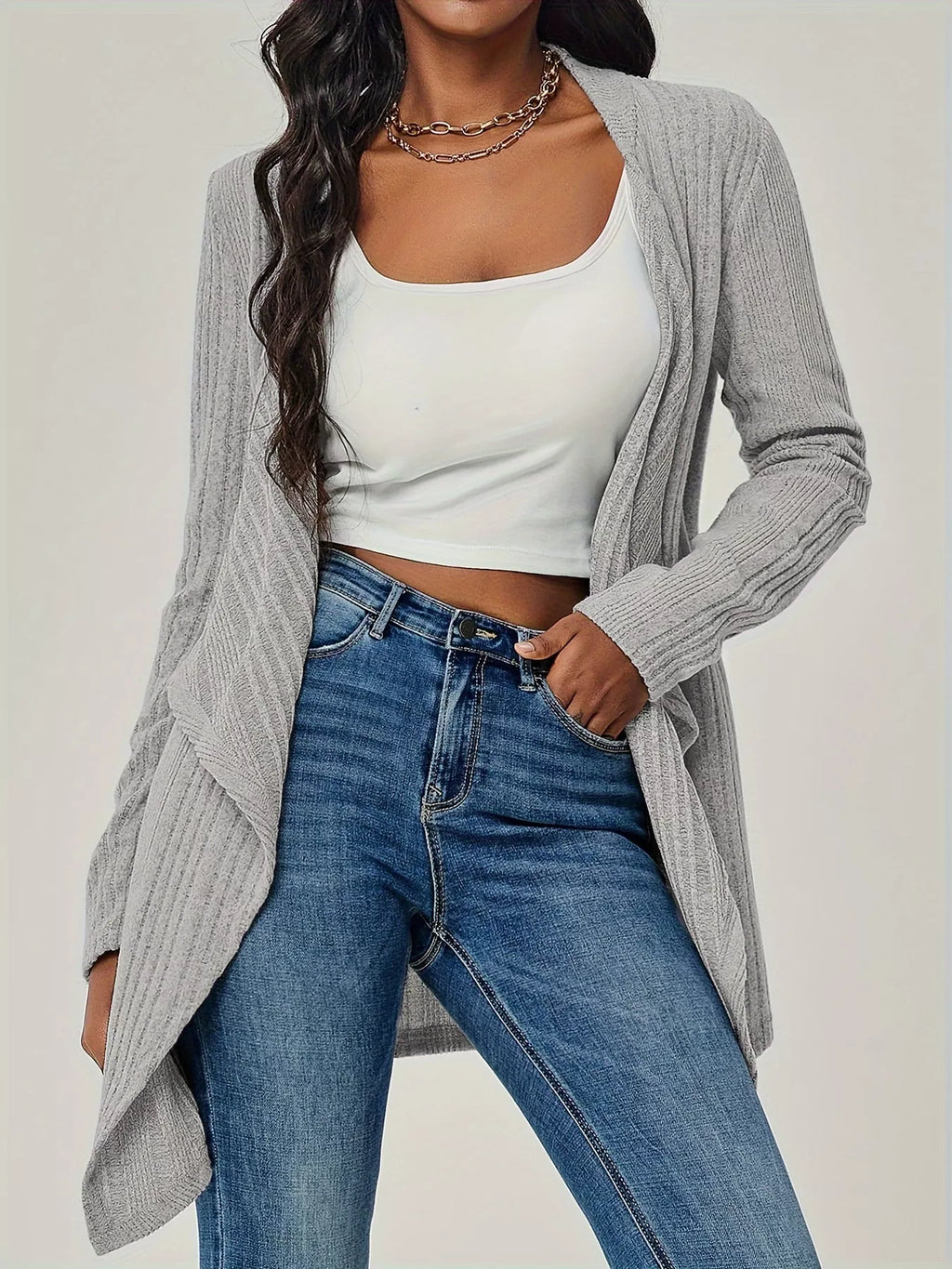 Ribbed Knit Open Front Cardigan