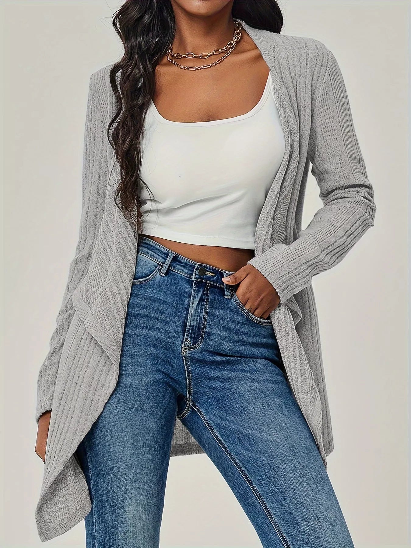 Ribbed Knit Open Front Cardigan