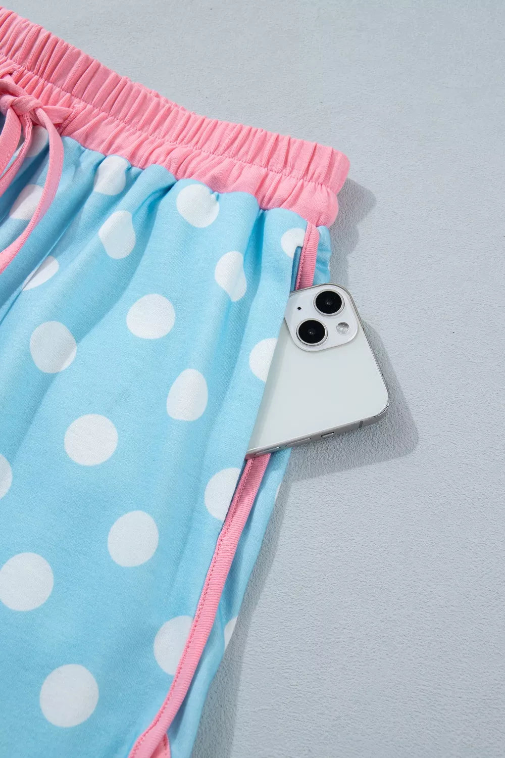 Polka Dot Contrast Trim Top and Drawstring Shorts Set