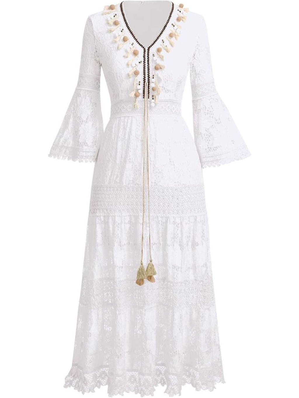 Bohemian Lace Maxi Dress with Bell Sleeves