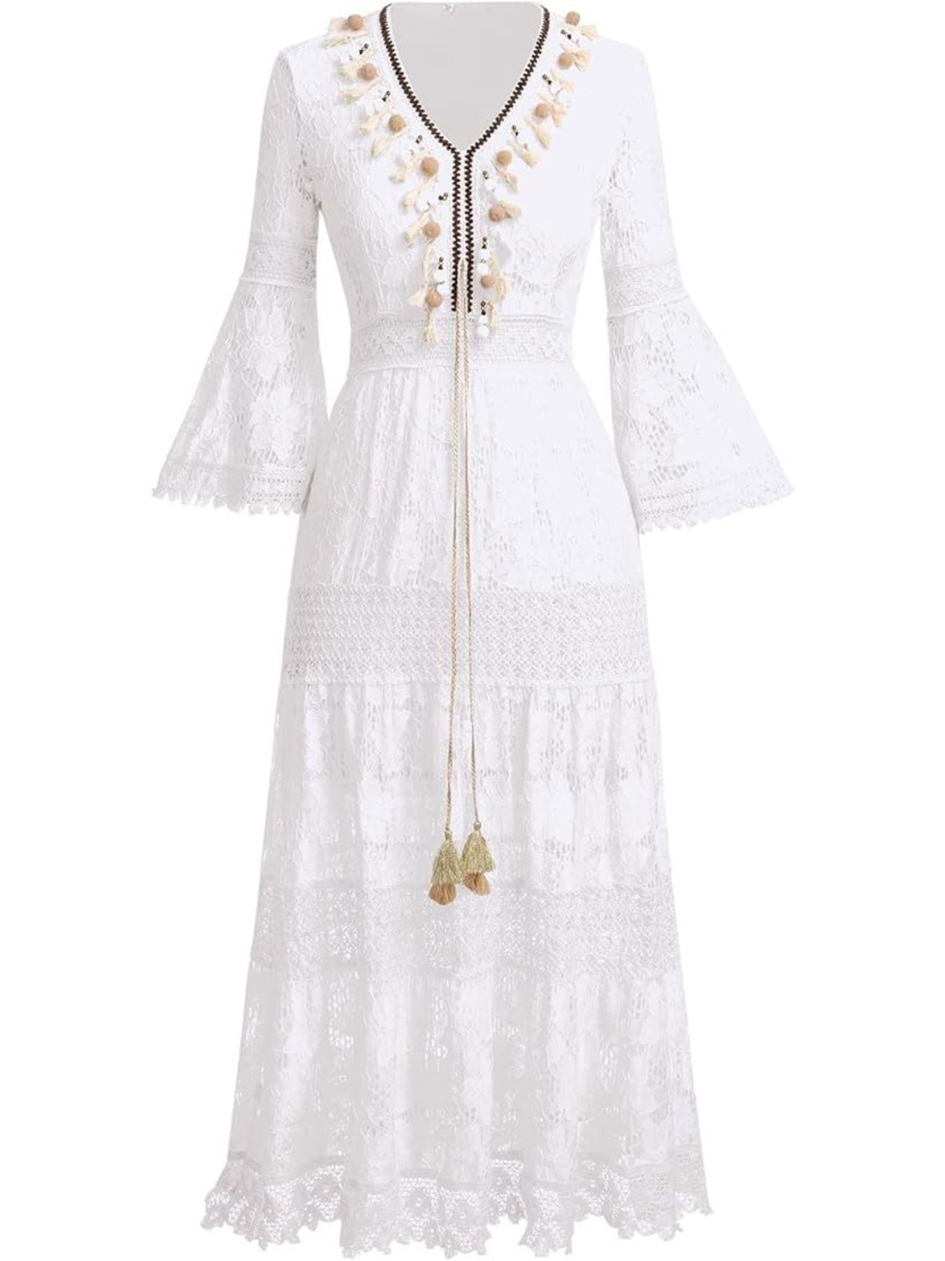Bohemian Lace Maxi Dress with Bell Sleeves