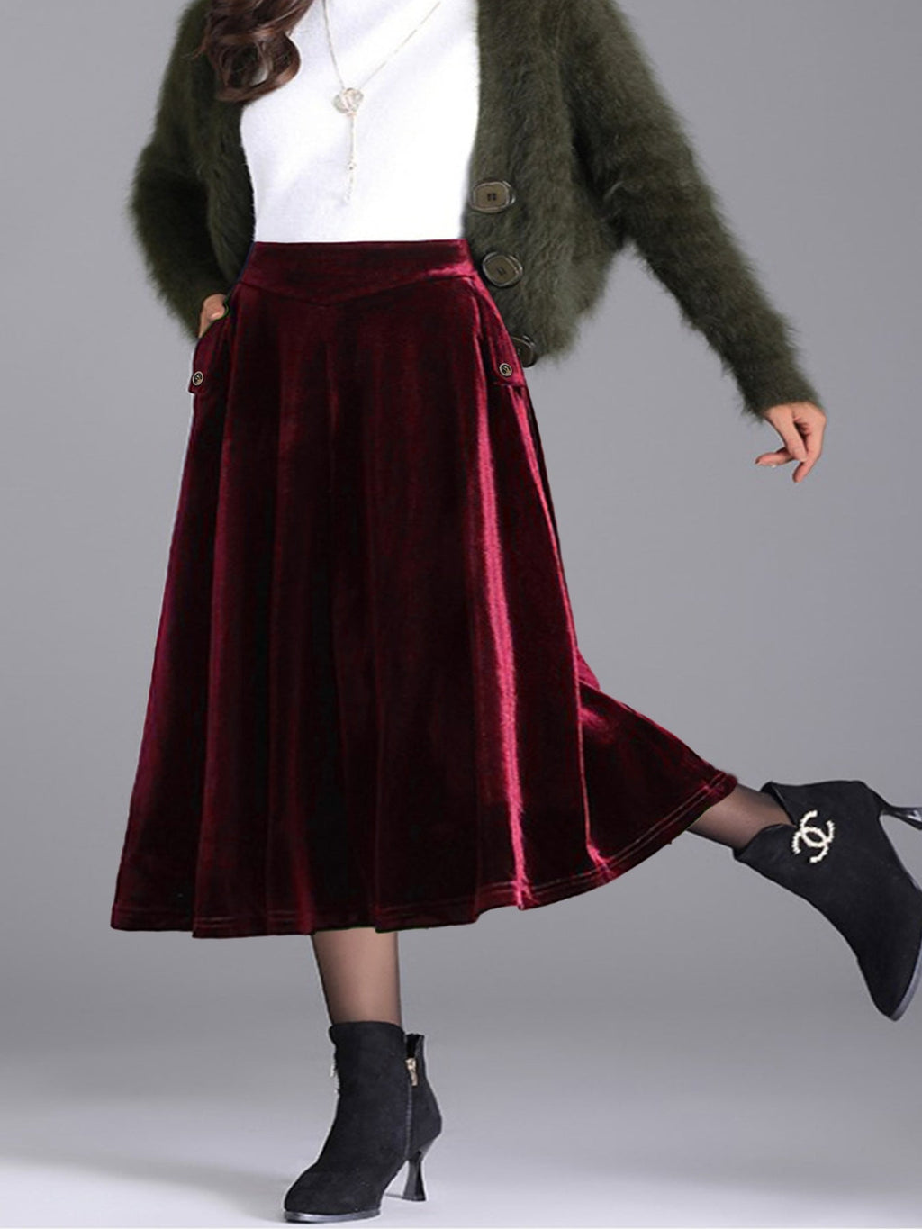 Plus Size Elegant Velvet A-Line Midi Skirt