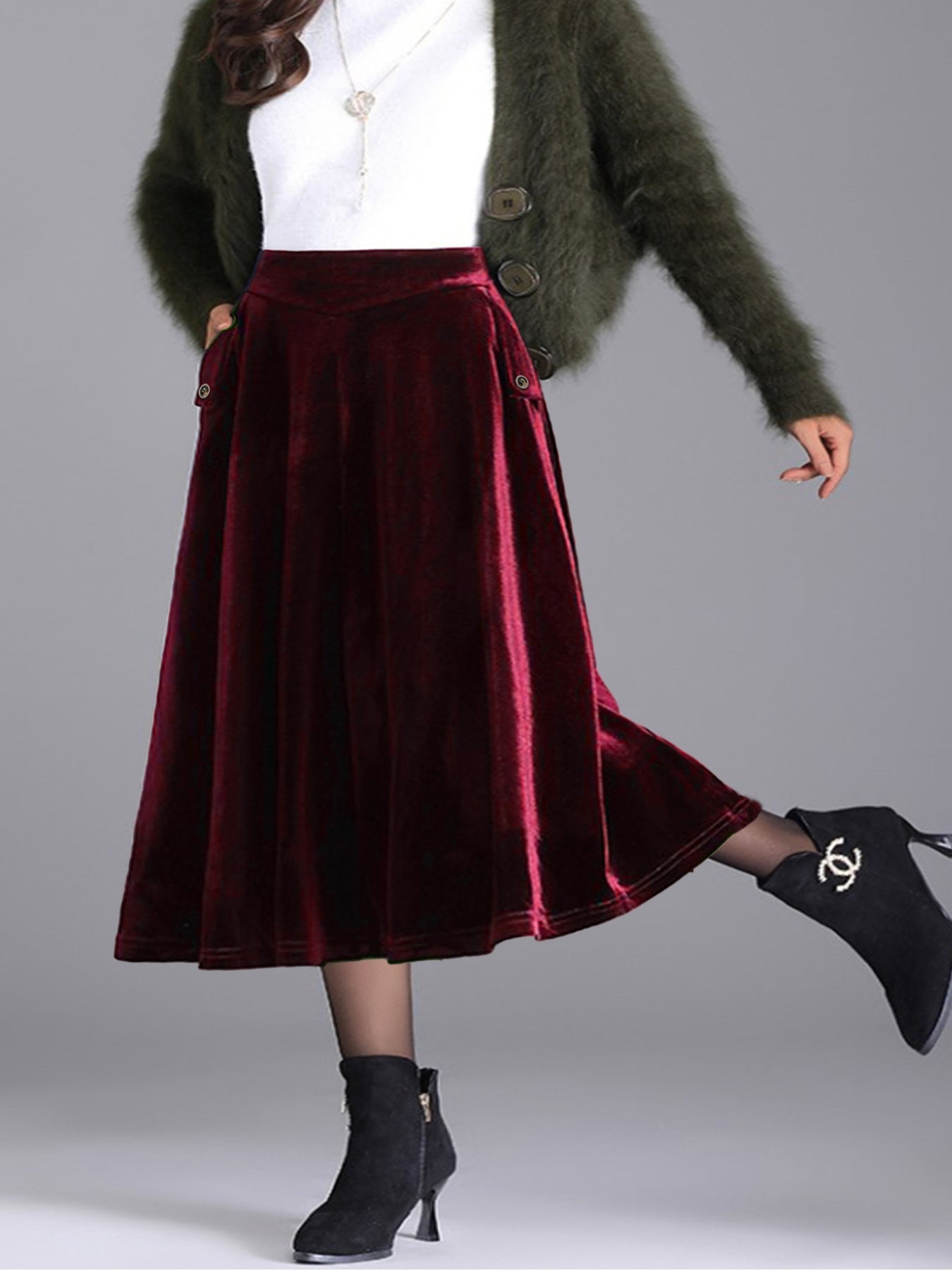 Plus Size Elegant Velvet A-Line Midi Skirt