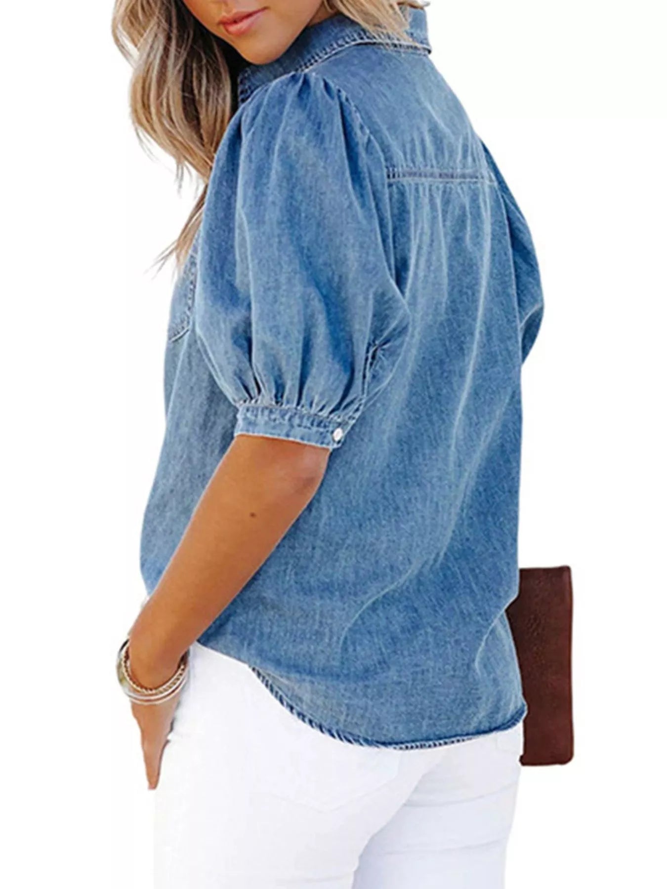 Puff Sleeve Button-Down Denim Top