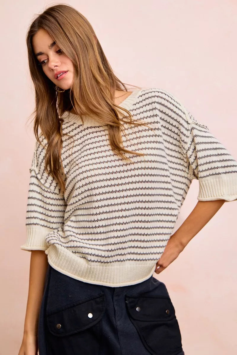BiBi Stripes Short Sleeves Rib Banded Outseam Knit Top