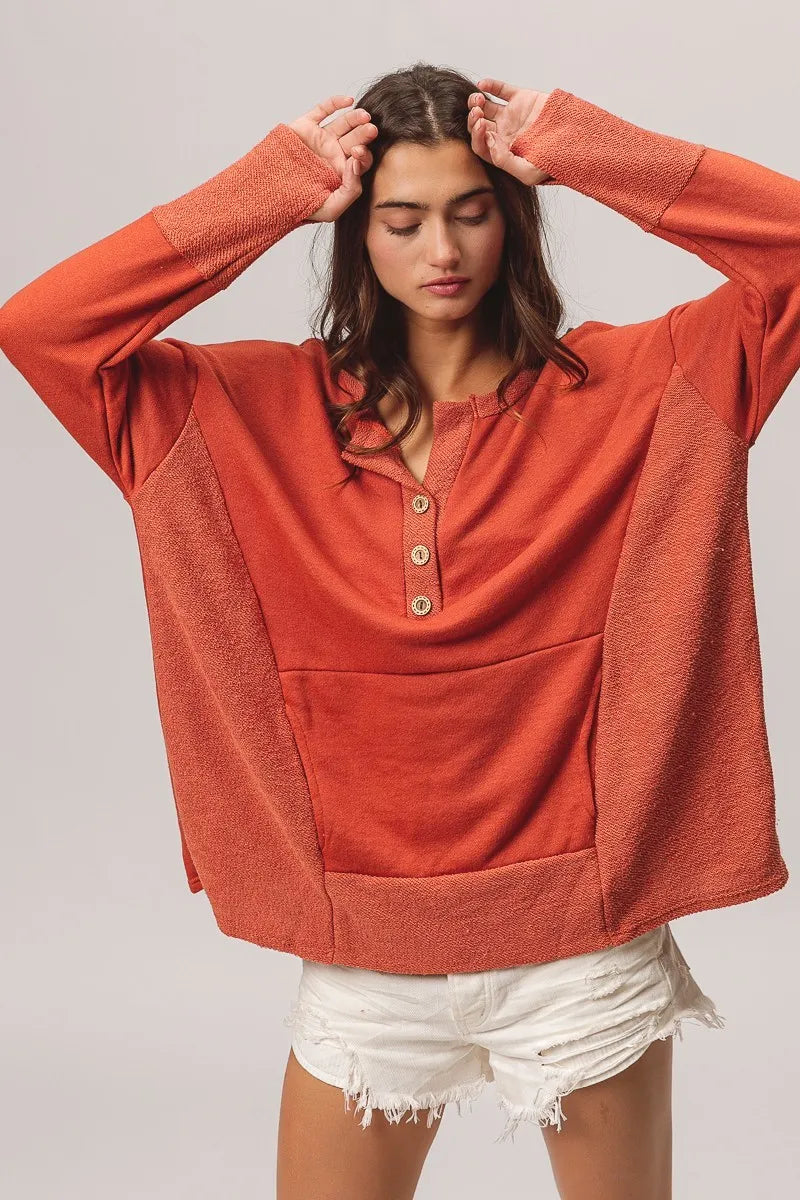 BiBi French Terry Knit Side Block Buttoned Henley Top