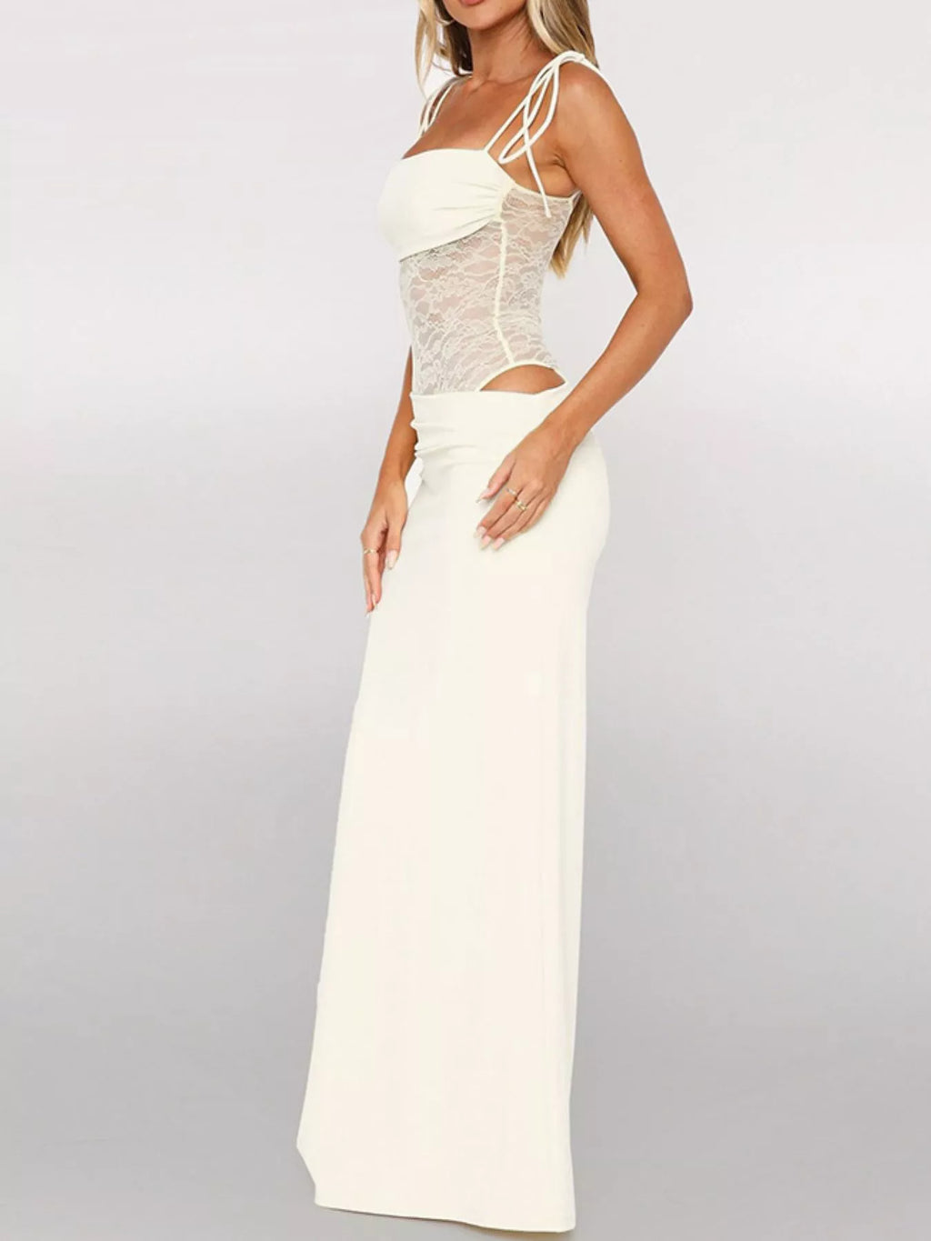 Lace Cutout Tie Shoulder Maxi Dress