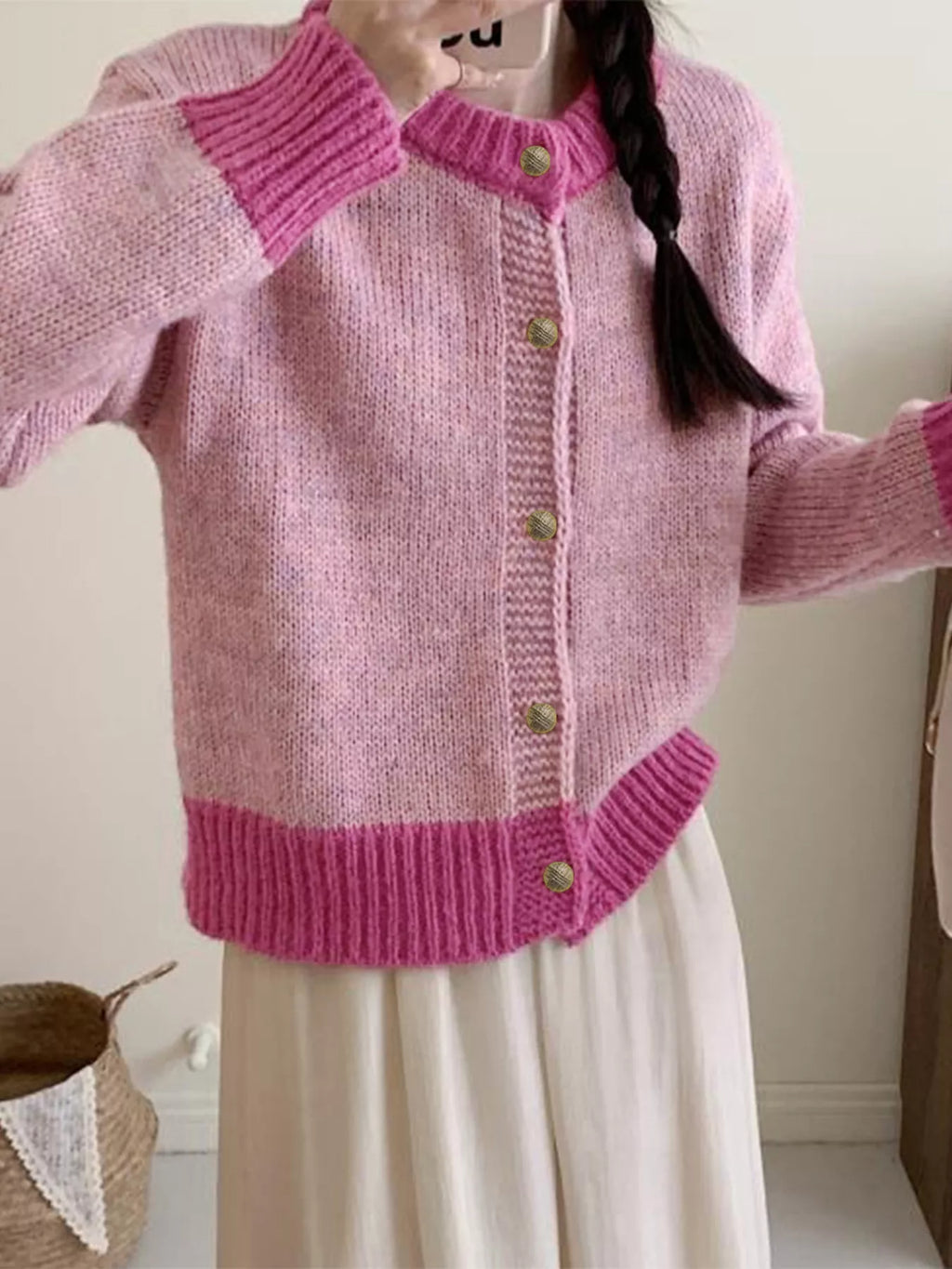 Color Block Button Up Cardigan