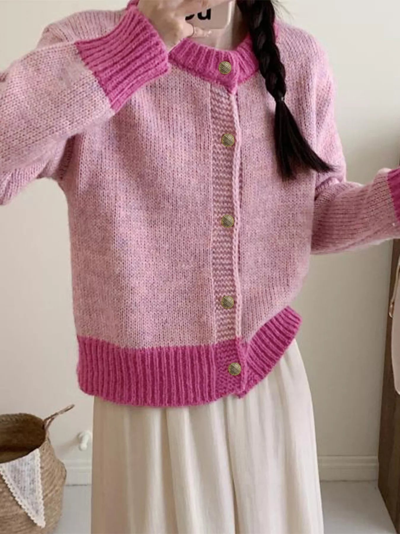 Color Block Button Up Cardigan