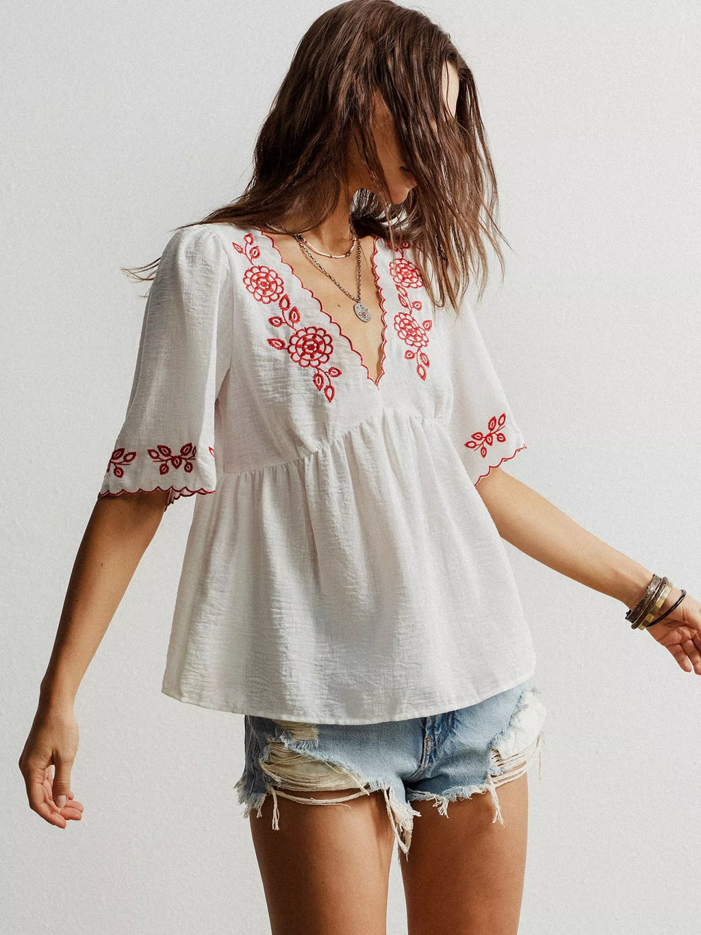 Embroidered Floral V-Neck Blouse