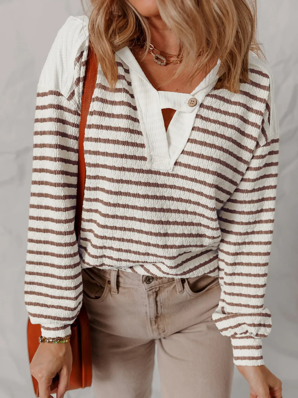 Striped V-Neck Long Sleeve Knit Hoodie