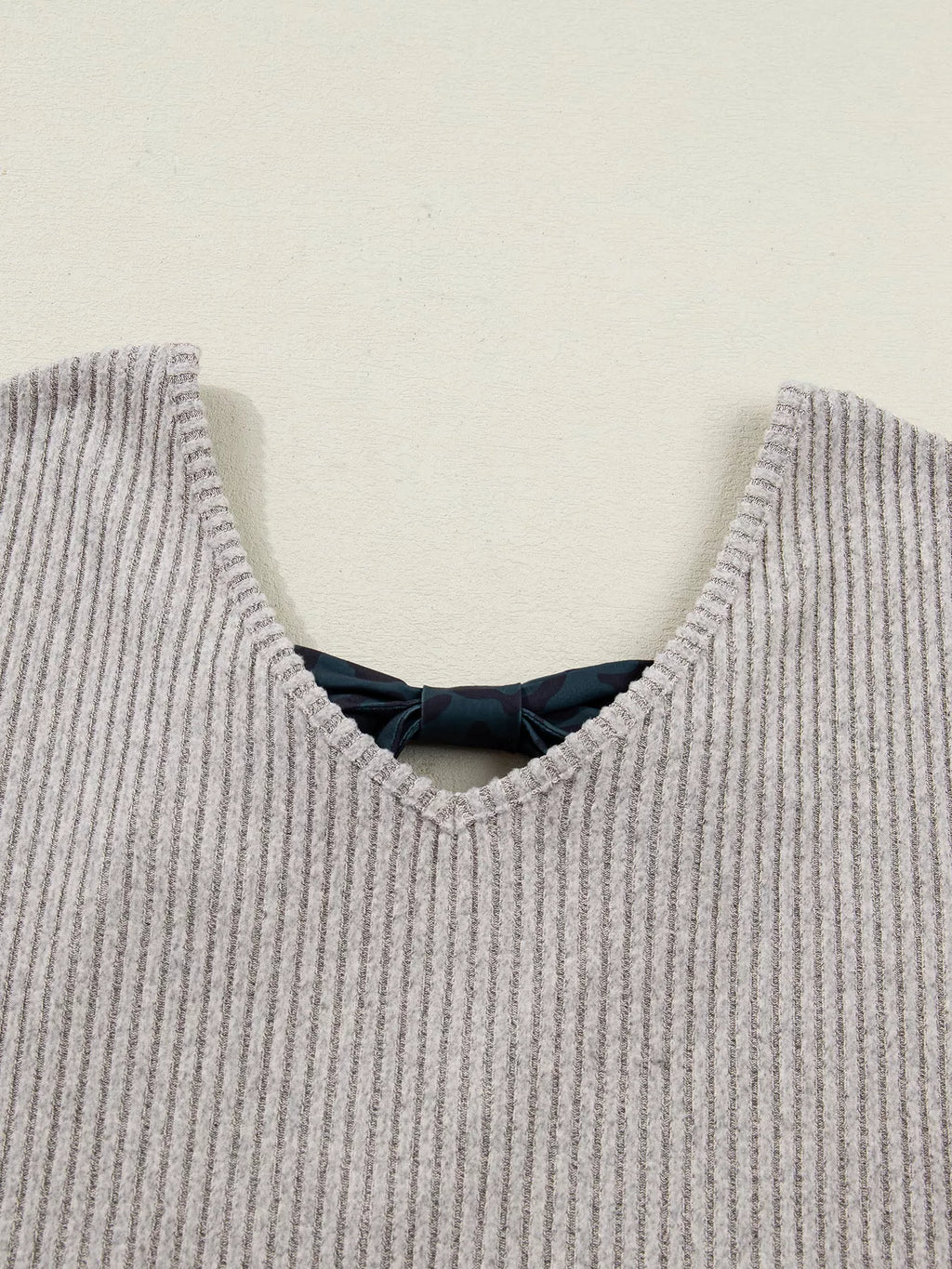 Ribbed V Neck Contrast Ribbon Bow Back Drop Shoulder Long Sleeve Top