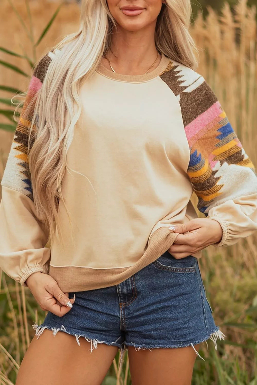 Sequined Rodeo Graphic Aztec Bubble Sleeve Patchwork Western Sweatshirt