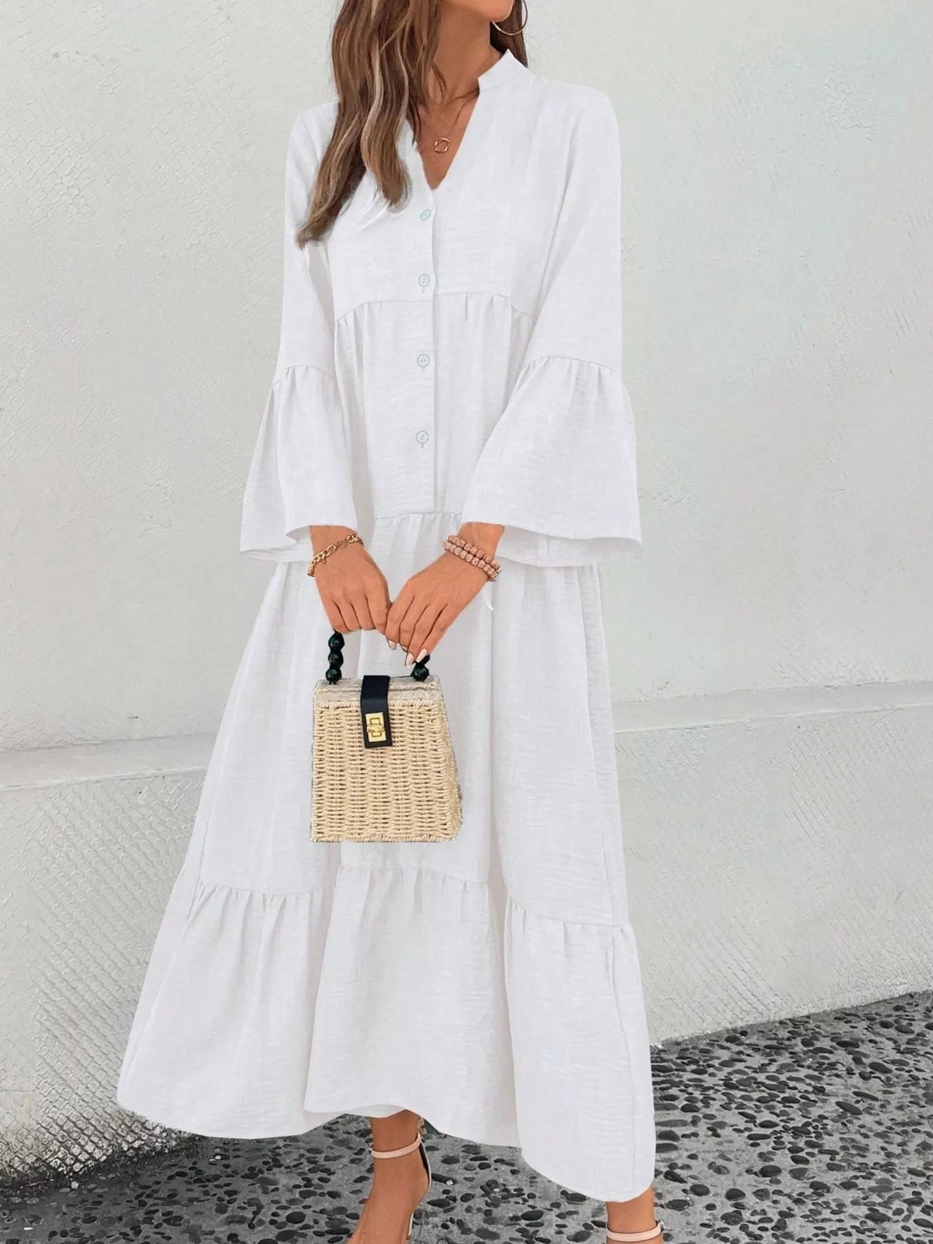 Ruffle Hem Button Front Tiered Dress