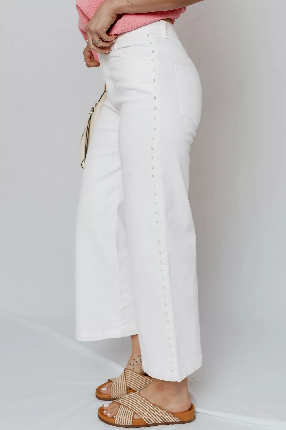 Pearl Embellished Side Seam Ankle-length Shift Jeans