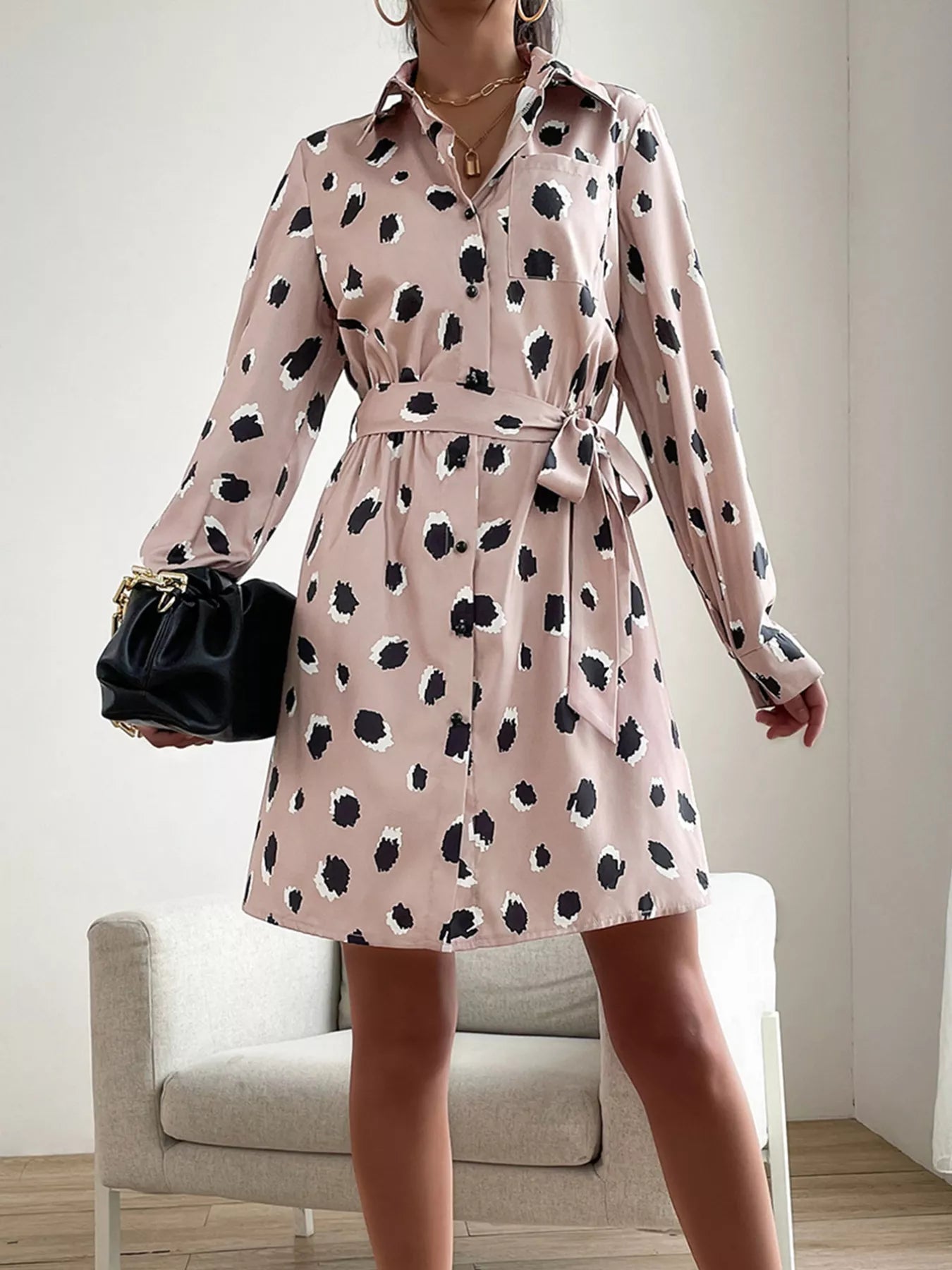 Printed Long Sleeve Mini Shirt Dress