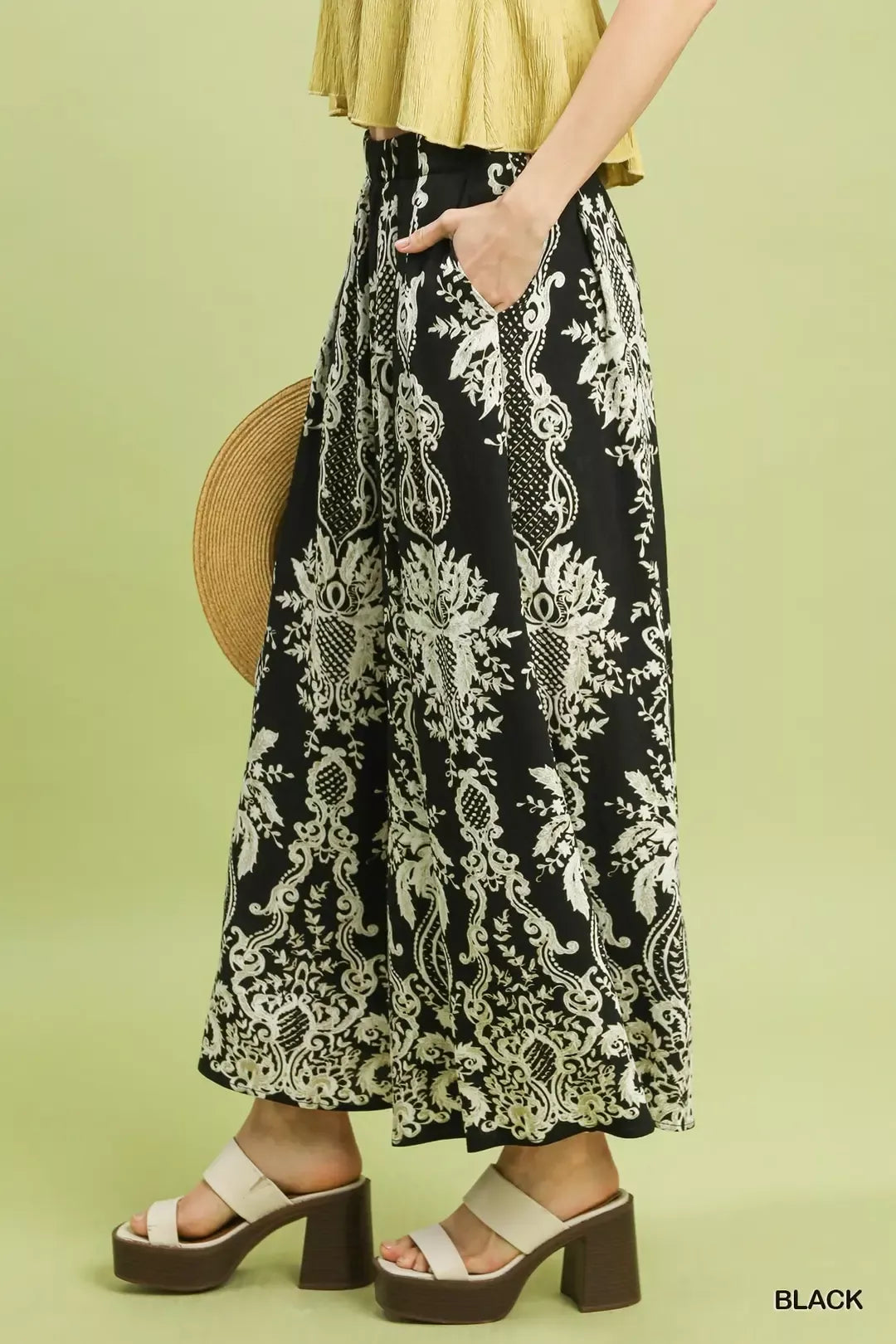 Umgee Border Print Wide Leg Pants