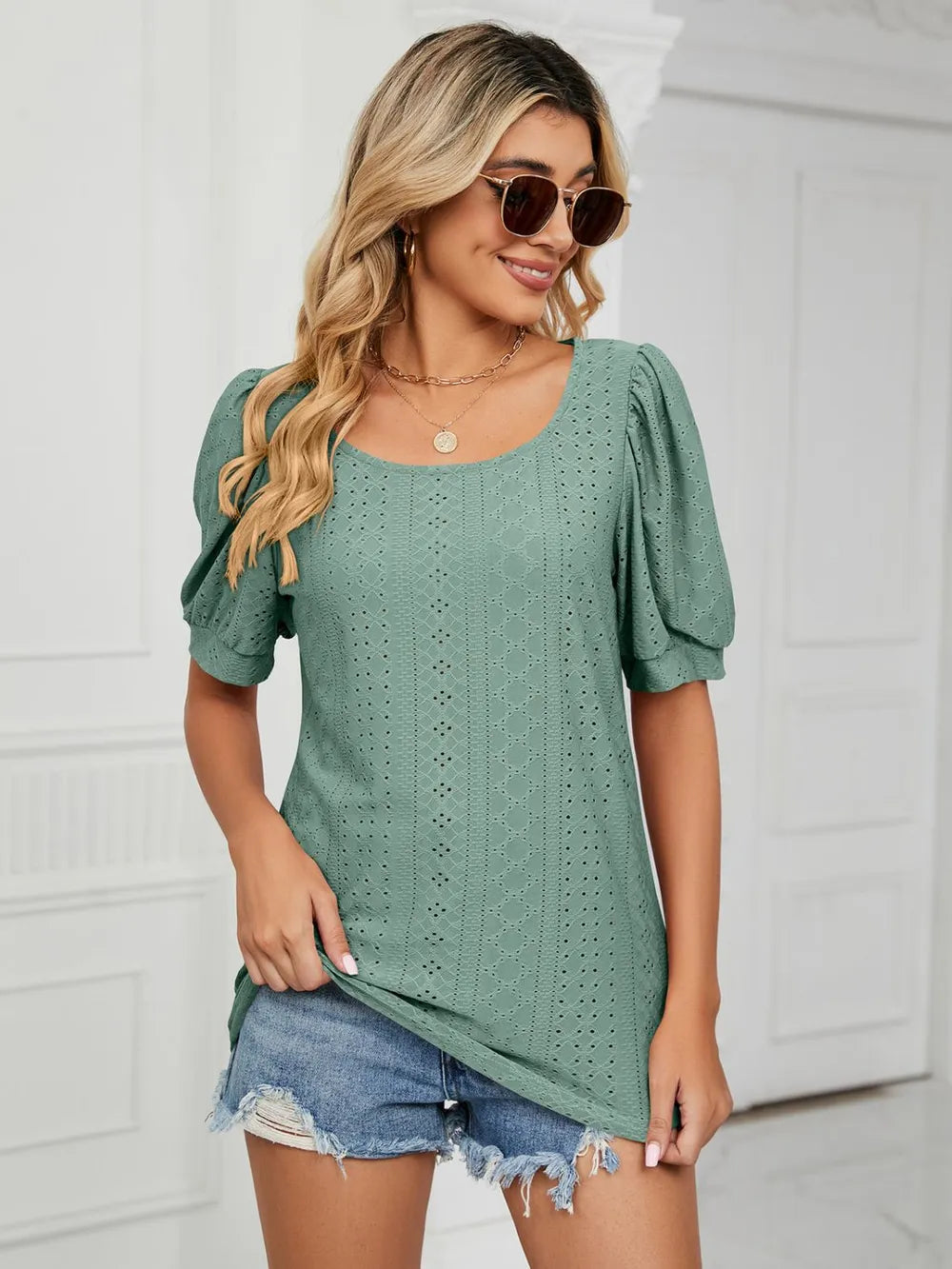 Ruched Notched Long Sleeve T-Shirt