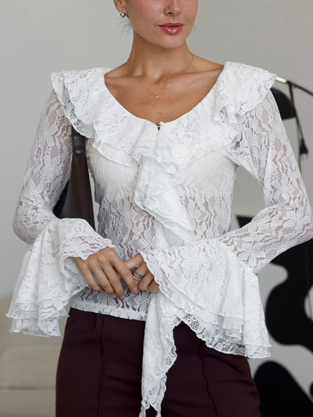 Ruffle Lace Flounce Sleeve Blouse