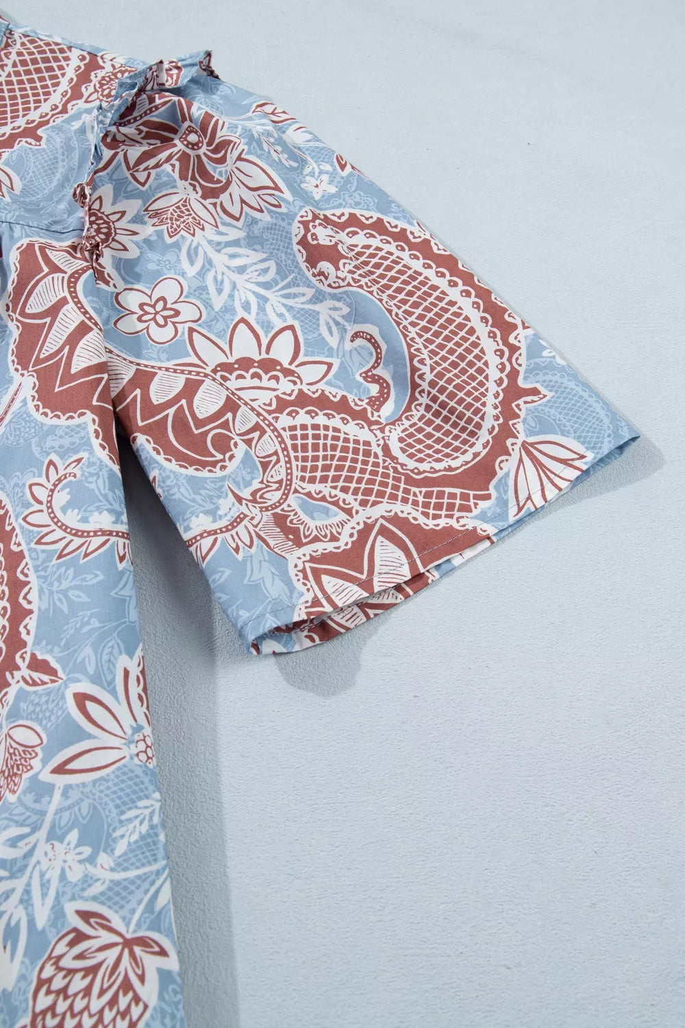 Floral Print Scalloped Trim Button Down Short Sleeve Shirt