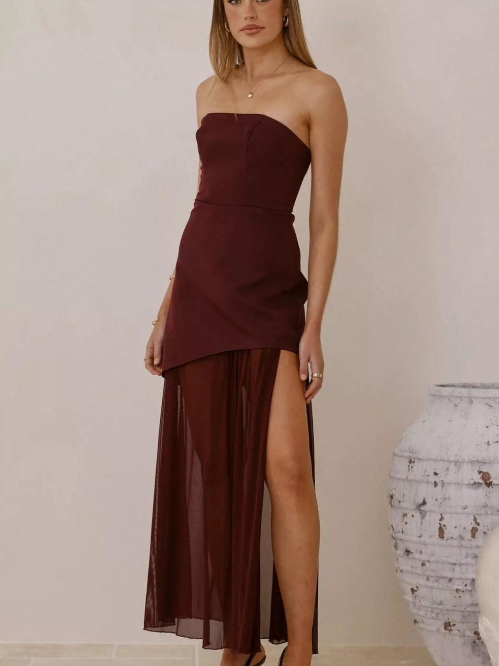 High Slit Mesh Tube Maxi Dress