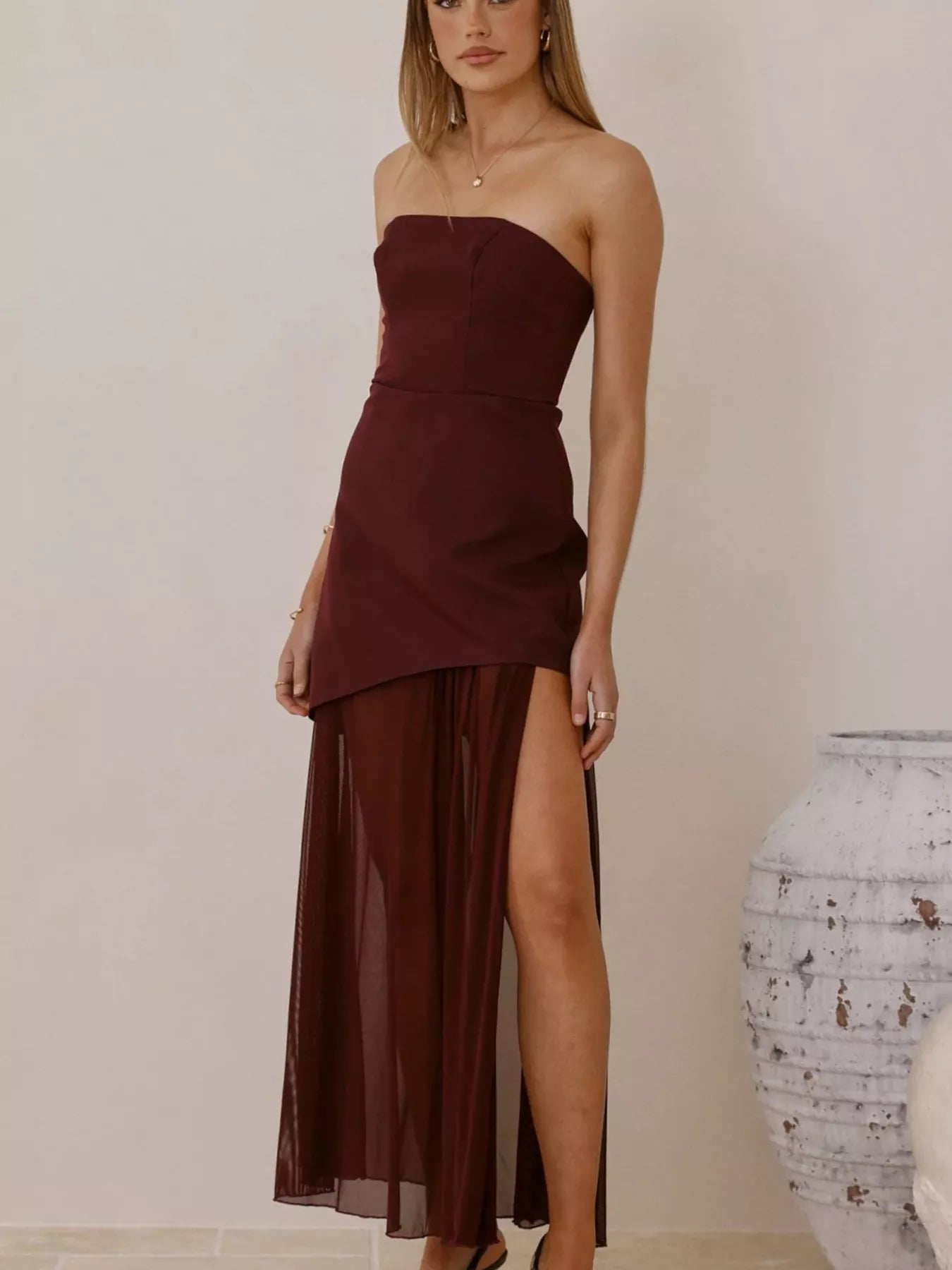 High Slit Mesh Tube Maxi Dress