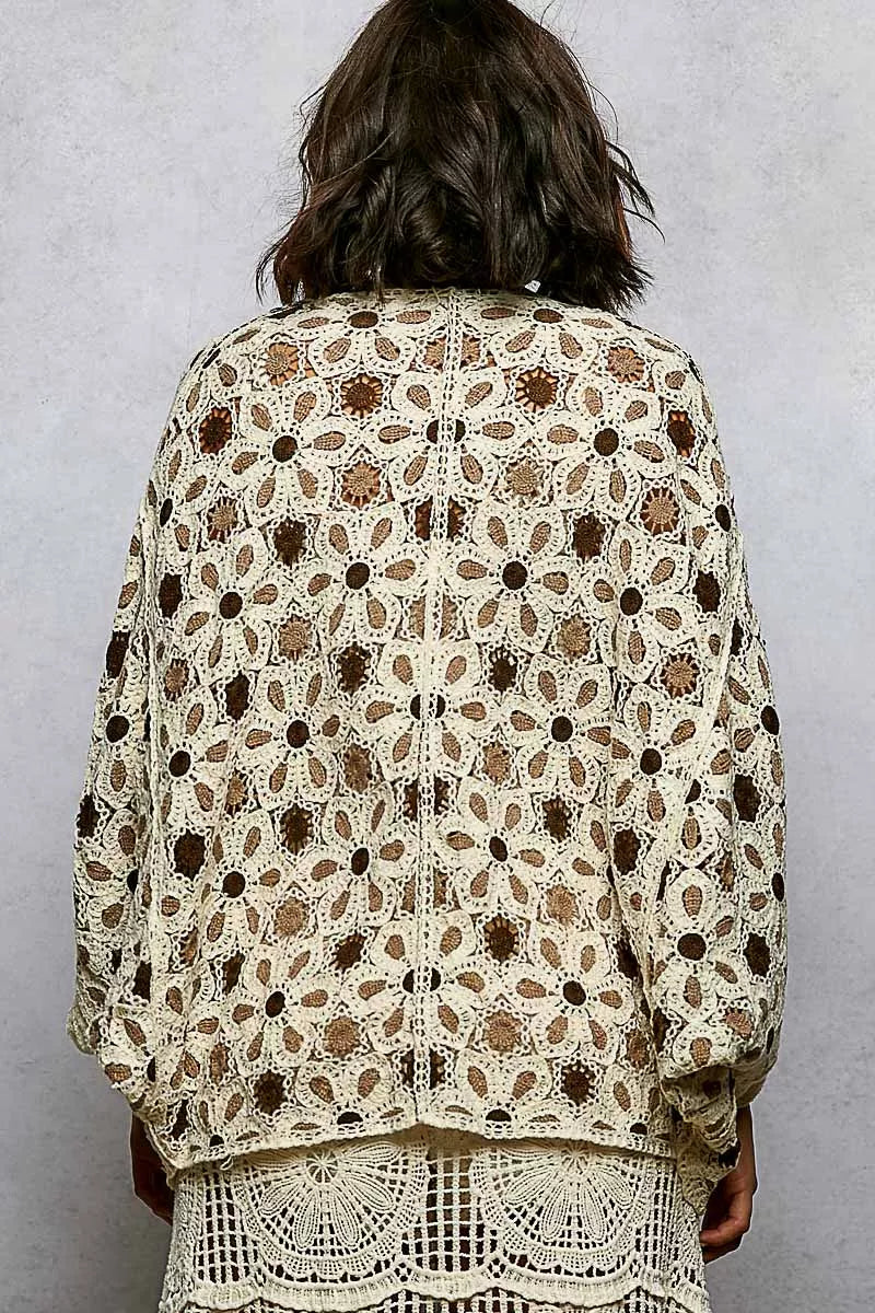 POL Open Front Floral Pattern Crochet Cardigan