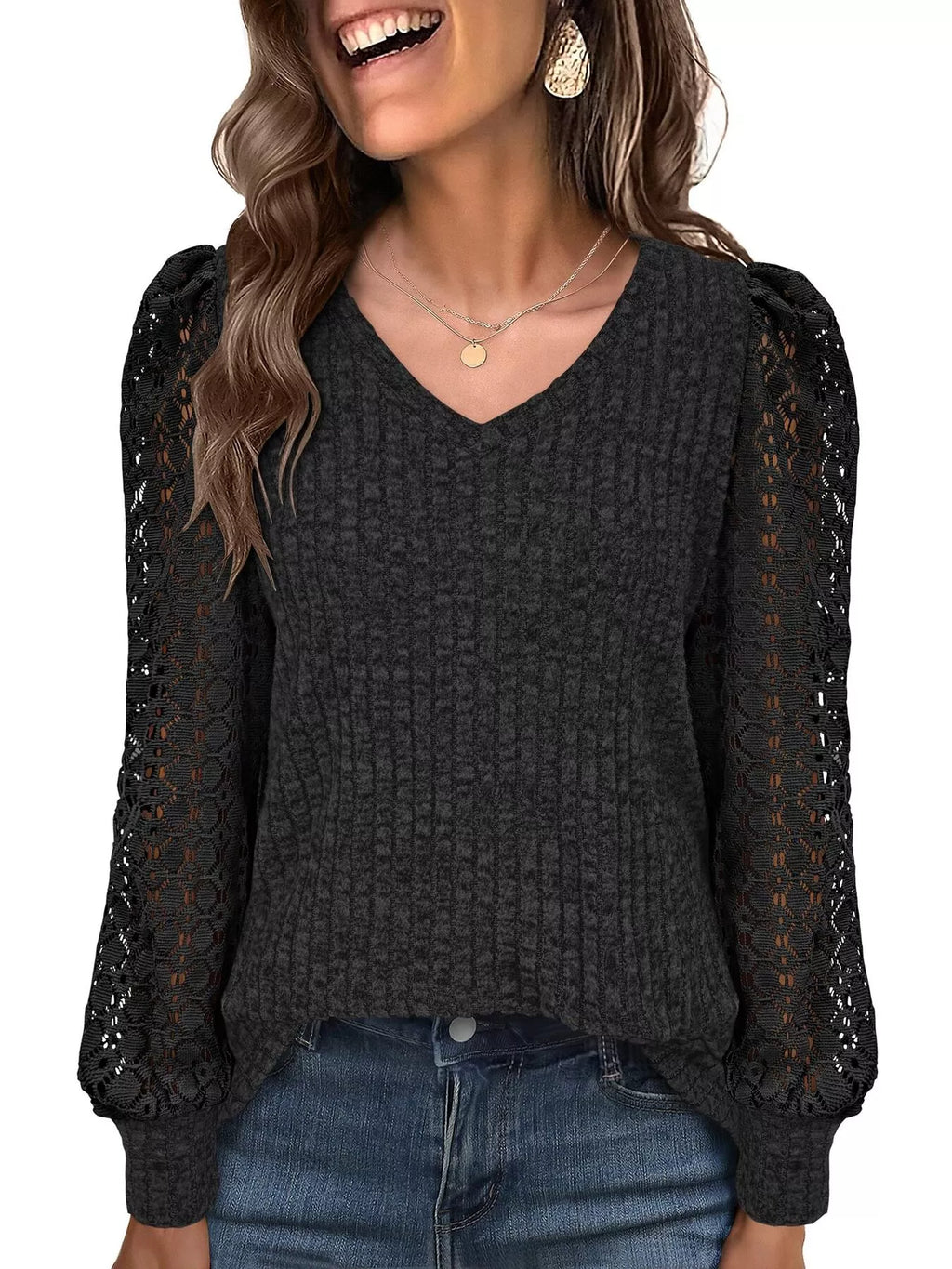 Lace Sleeve V-Neck T-Shirt
