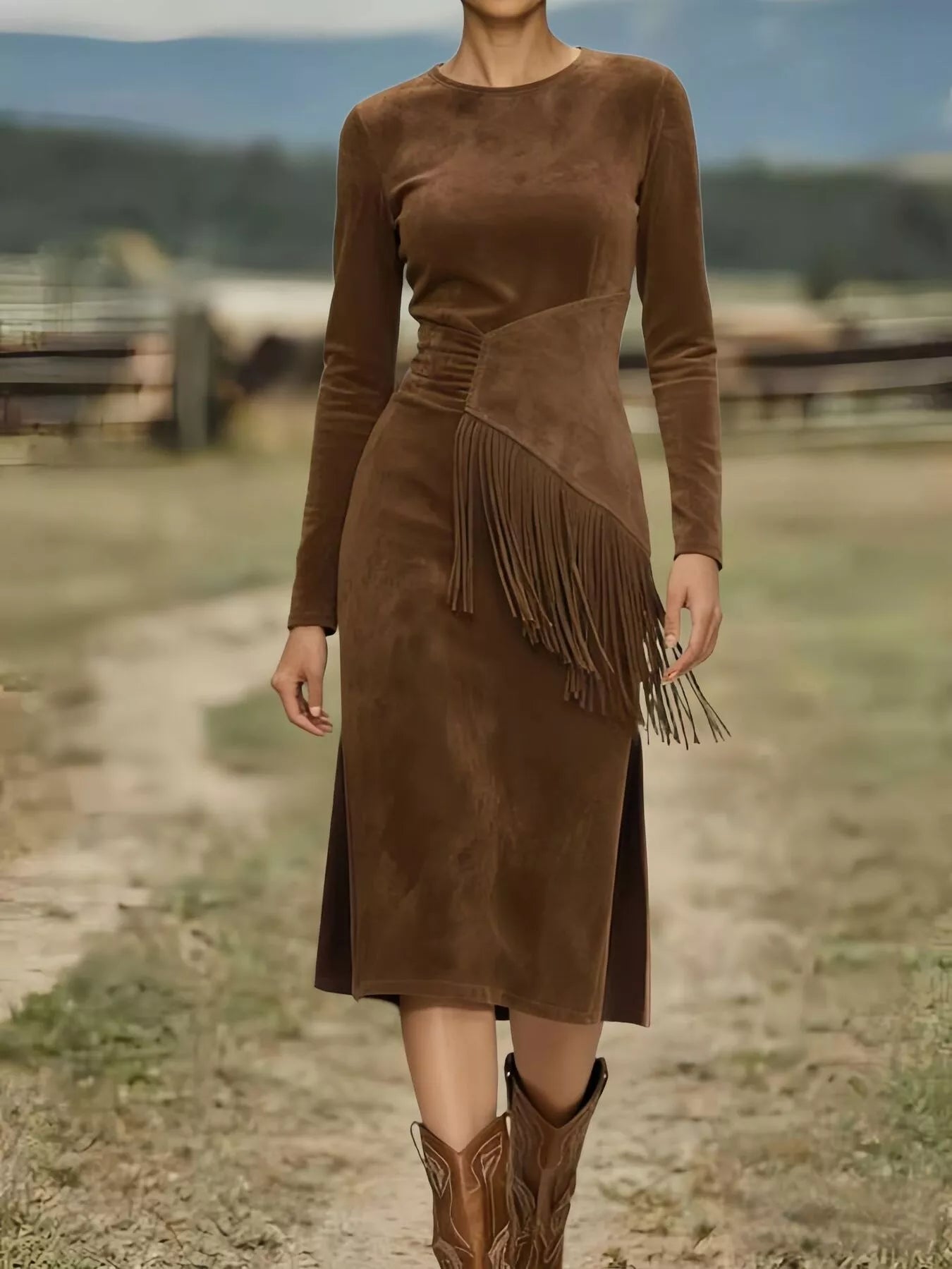 Suede Fringe Long Sleeve Midi Dress