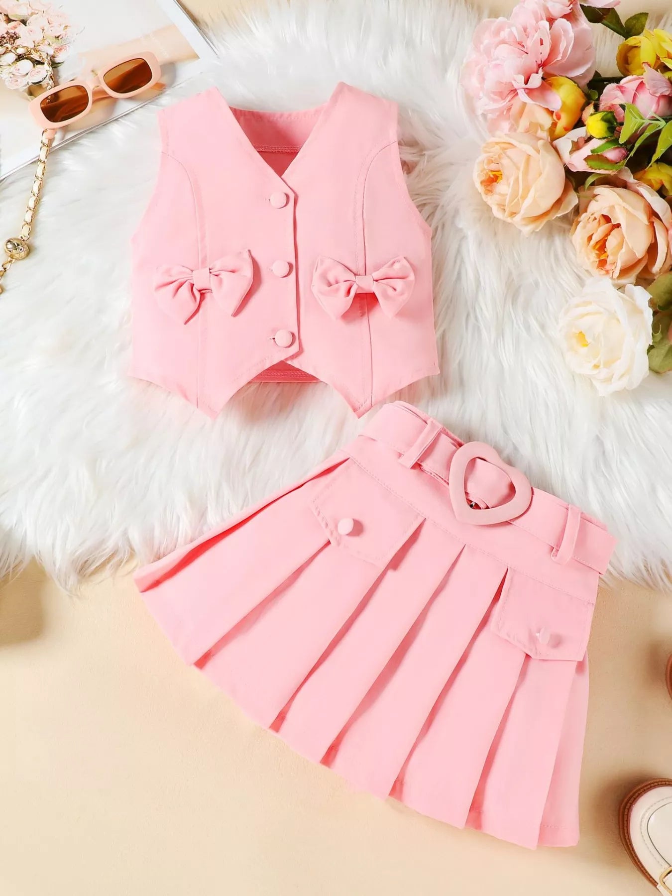 Children's Bowknot Vest & Pleated Skirt Set
