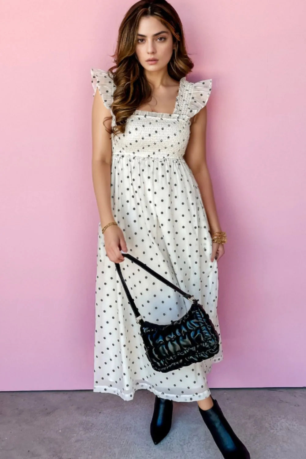 Polka Dot Ruffle Sleeve Smocked Midi Dress