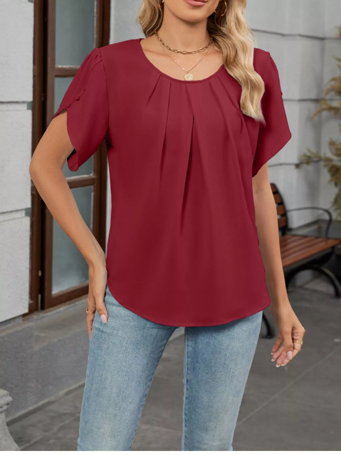 Elegant Pleated Flowy Short Sleeve Blouse