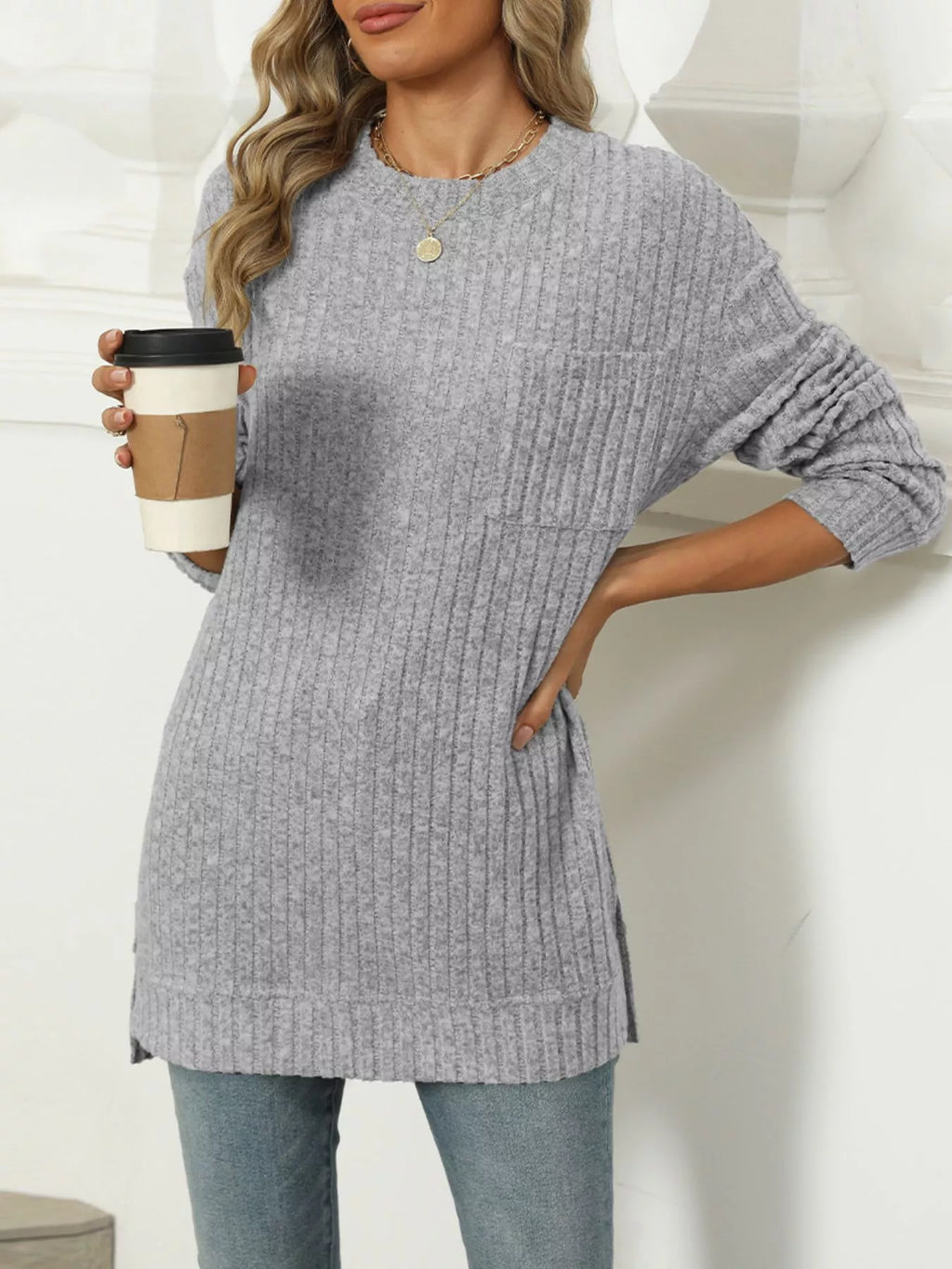 Ribbed Knit Round Neck Sweater