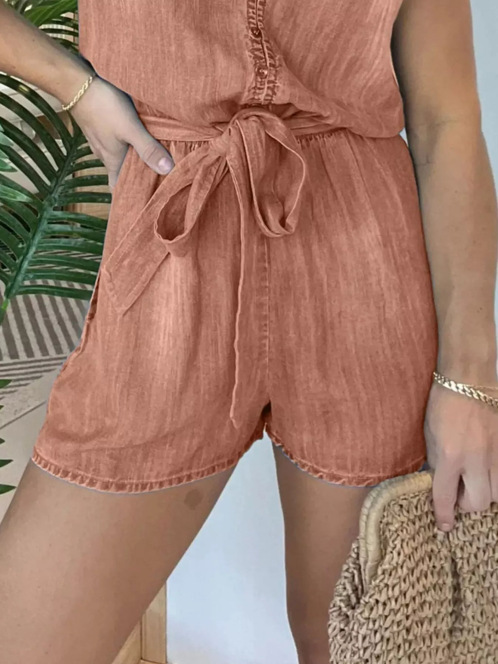 Full Size Tie Waist Cap Sleeve Romper Plus Size