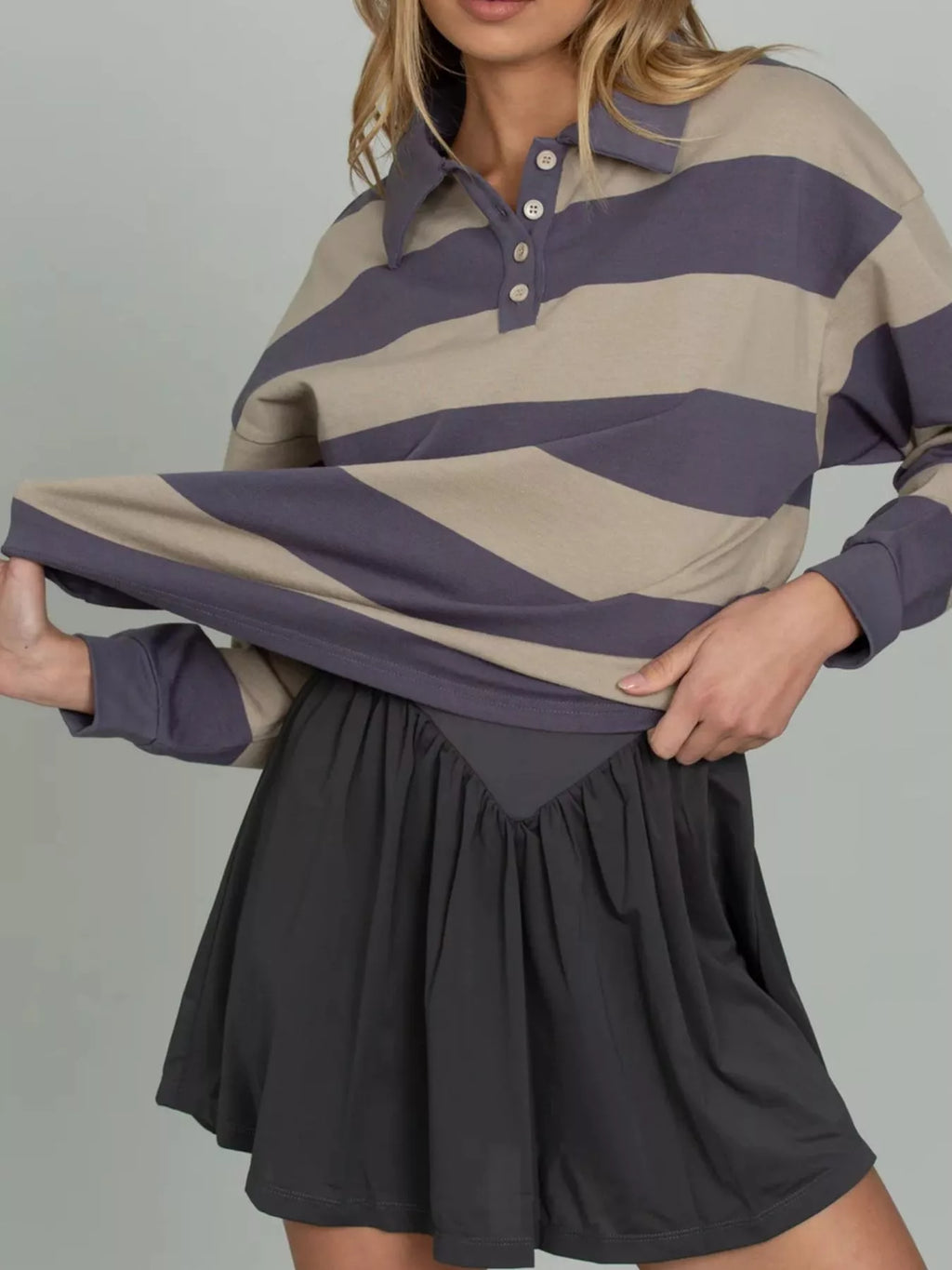 Striped Polo Collar Sweatshirt with Button Details