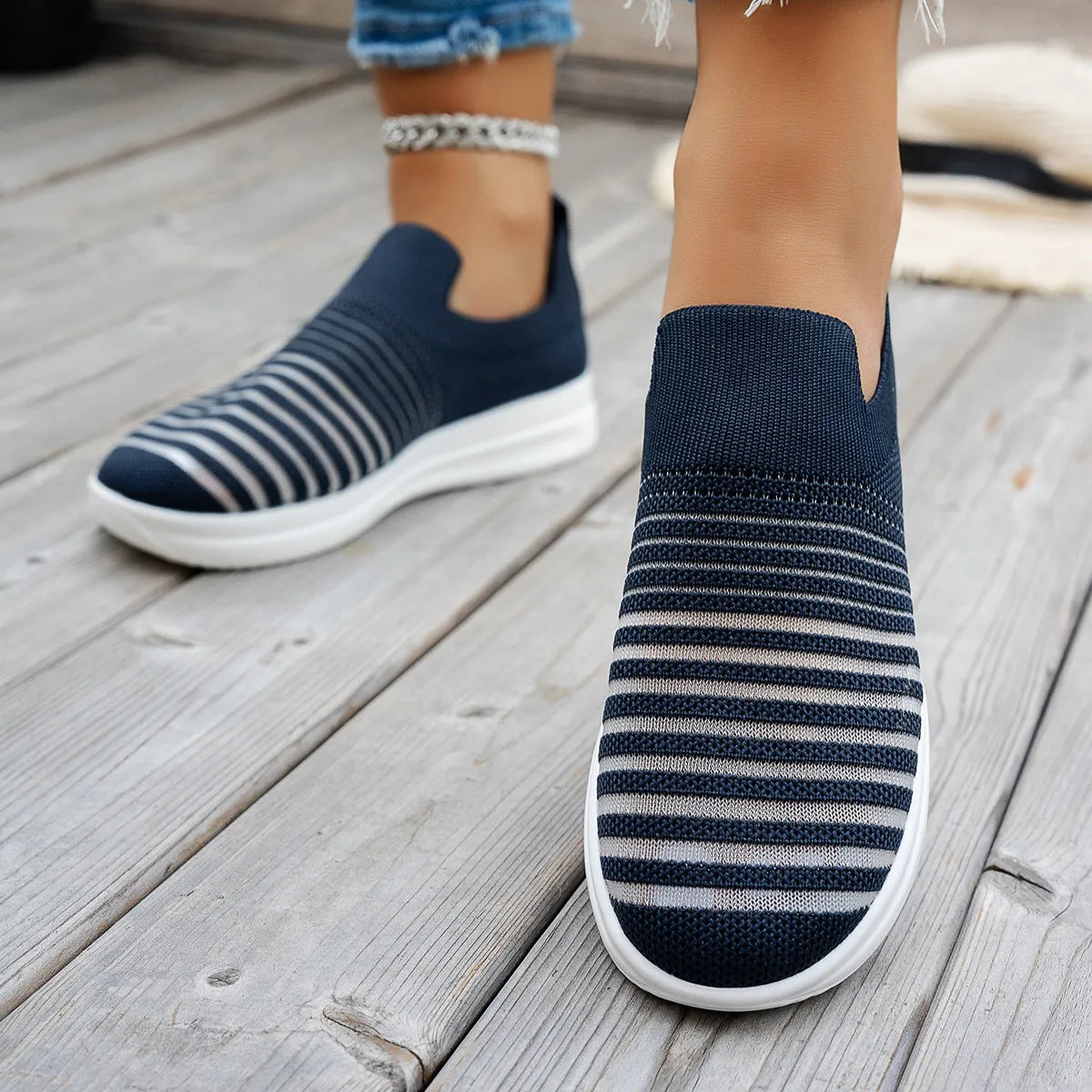 Striped Round Toe Platform Slip-Ons